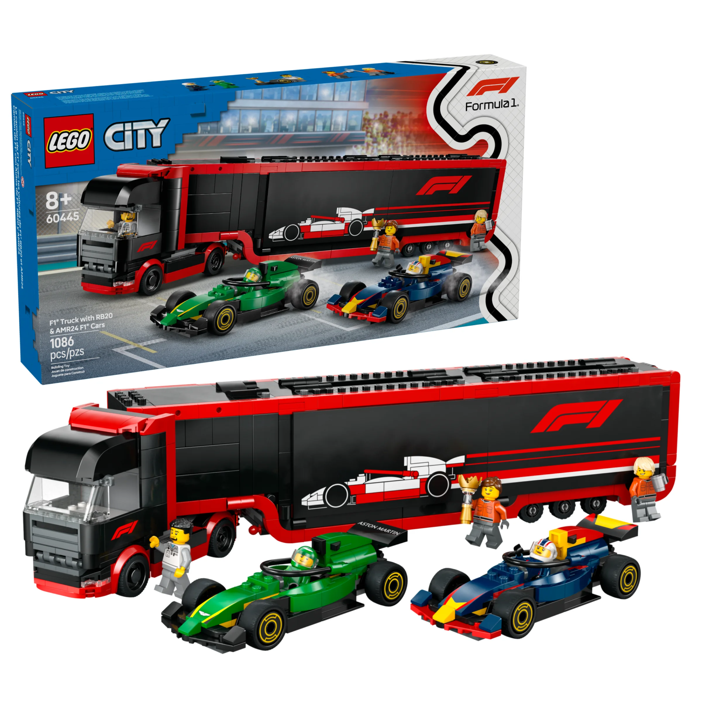Imagine cu setul LEGO City 60445, camion F1 și mașini RB20 & AMR24, prezentate alături de cutie.