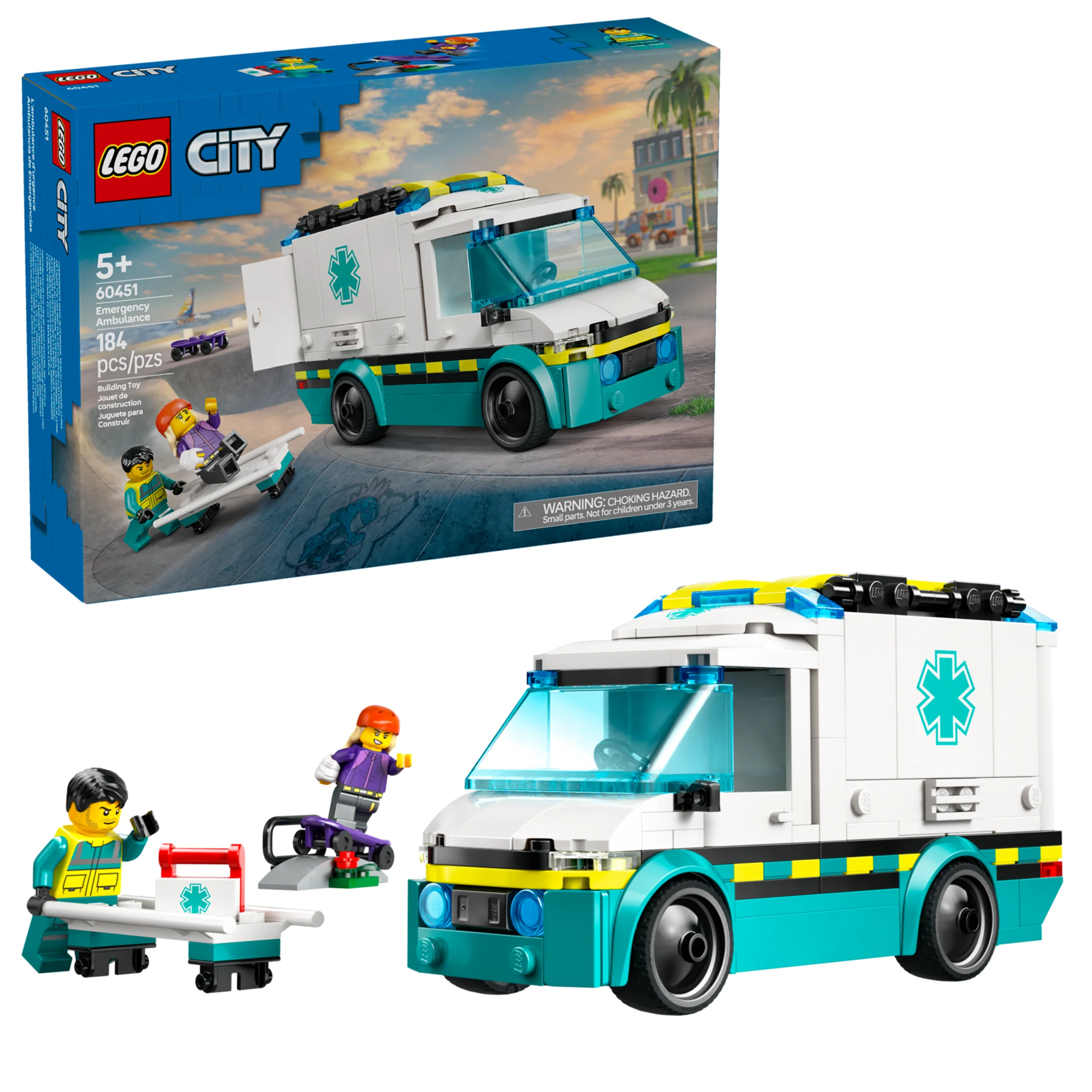 Ambulanța de urgență LEGO City 60451, cu cutia și minifigurinele incluse.