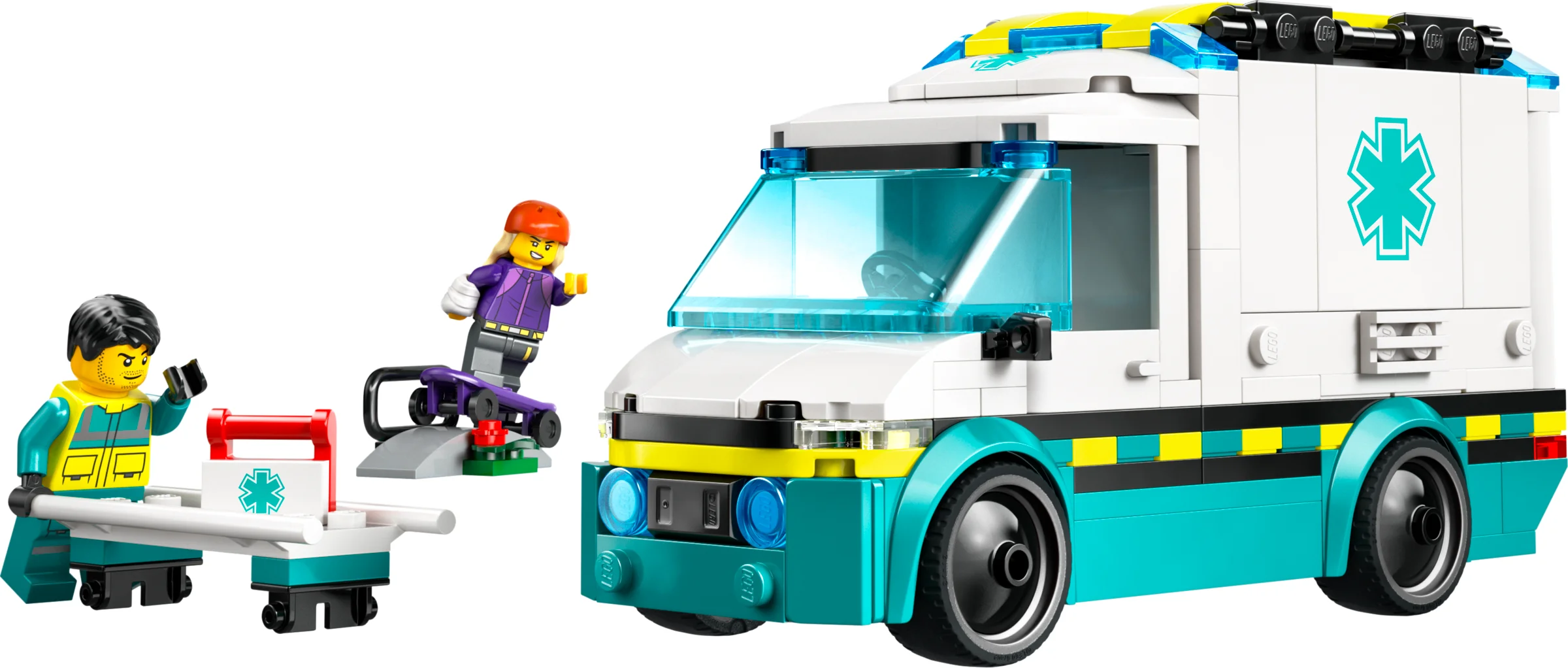 Ambulanță de urgență LEGO City, cu echipaj, targă și skateboarderă accidentată.