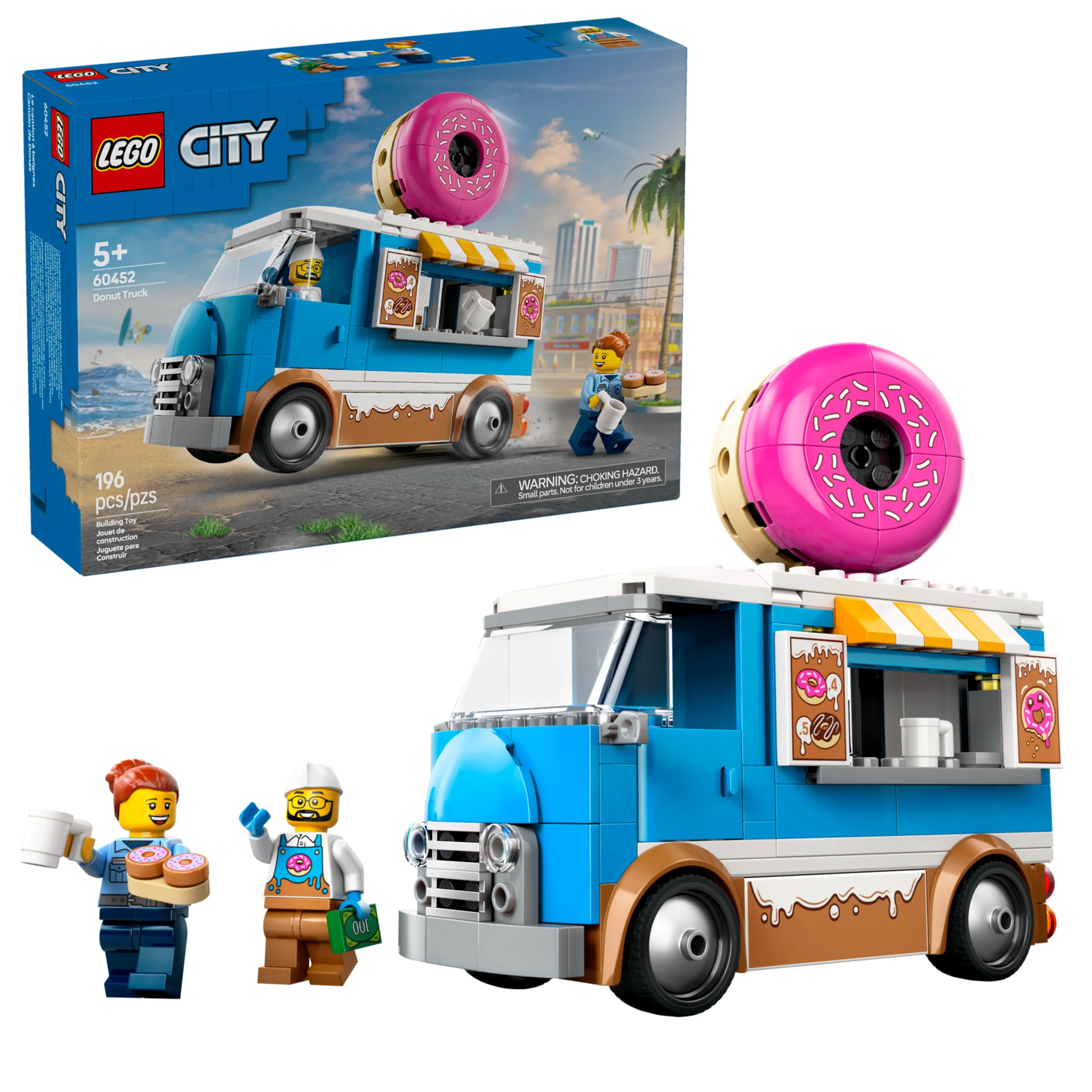Imagine cu camioneta de gogoși 60452, prezentând modelul și cutia. Include minifigurine și detalii atractive.