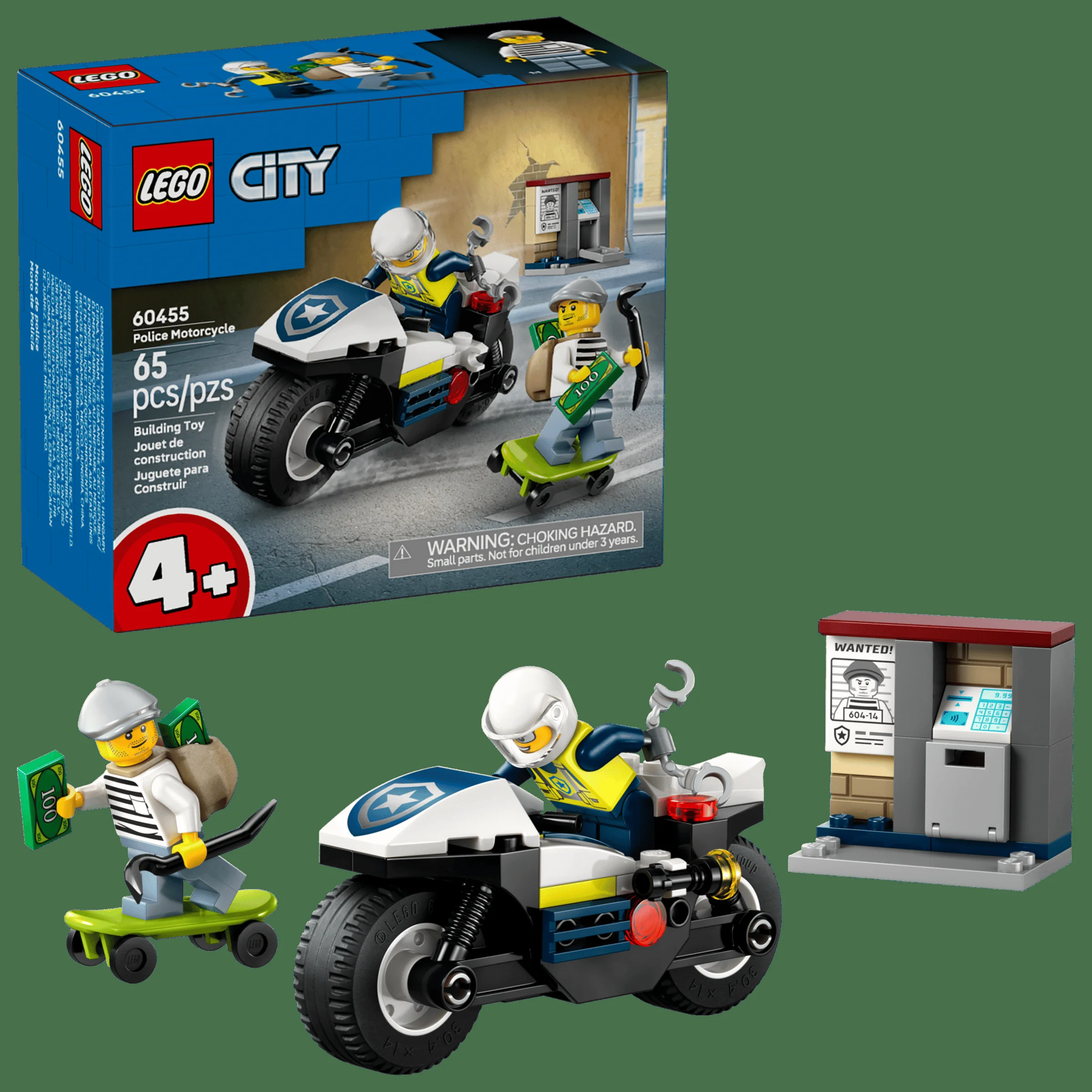 Imagine cu motocicleta de poliție LEGO City 60455, o minifigurină de polițist și un hoț pe skateboard.