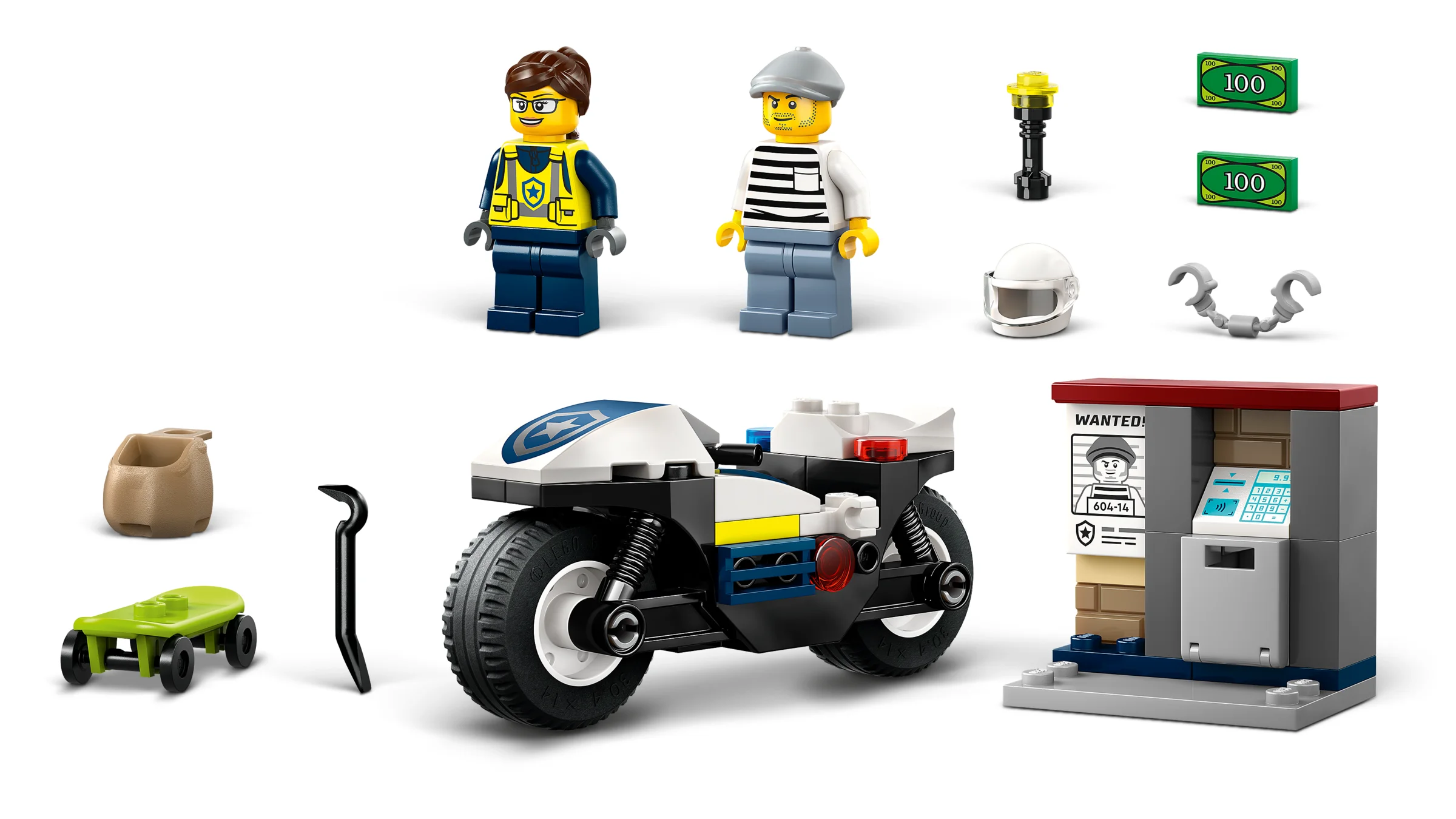 Imagine cu motocicleta de poliție LEGO 60455 și minifigurinele incluse, plus accesorii.
