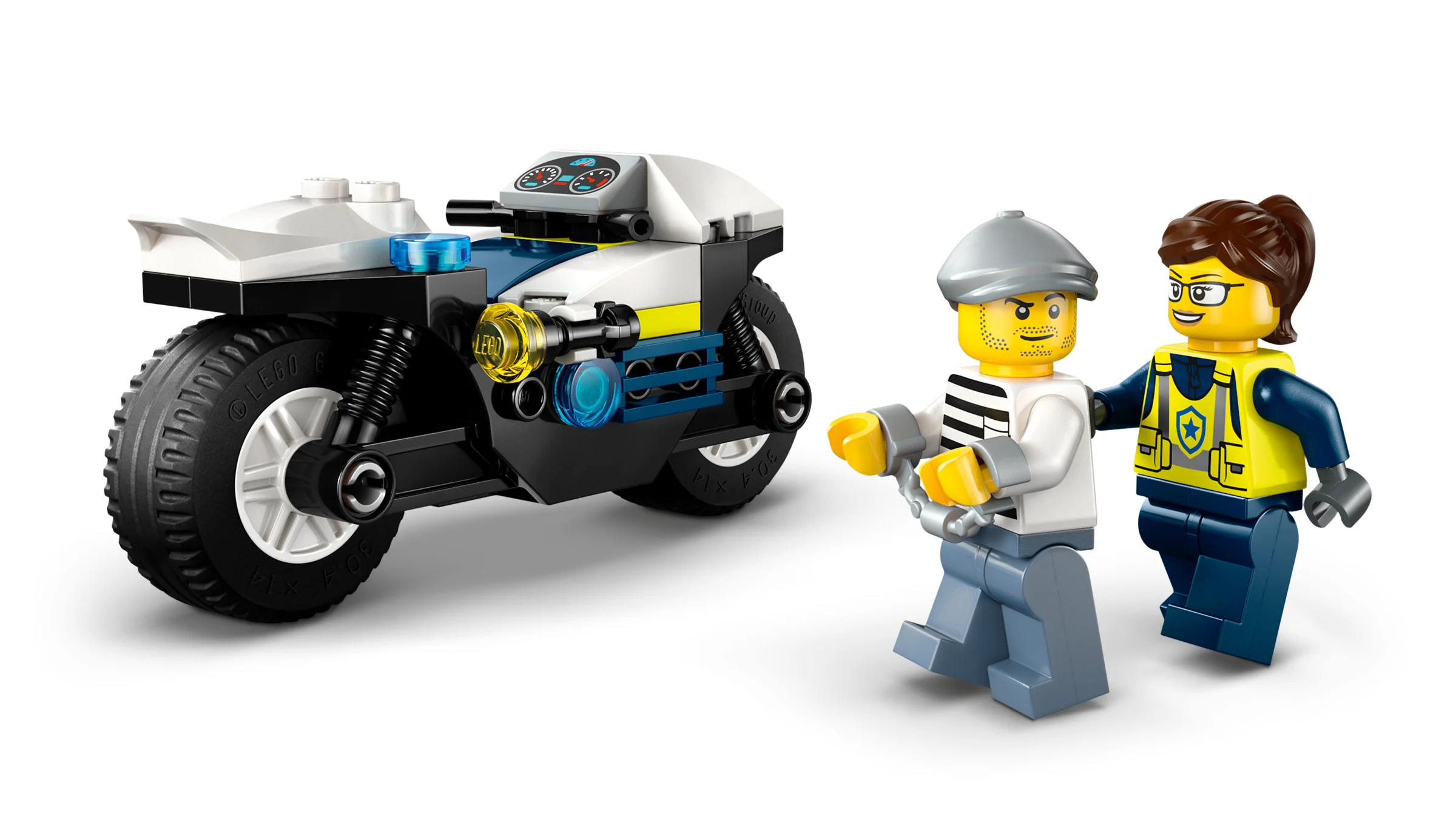Motocicletă de poliție LEGO cu un polițist și un infractor în cătușe. Set 60455.