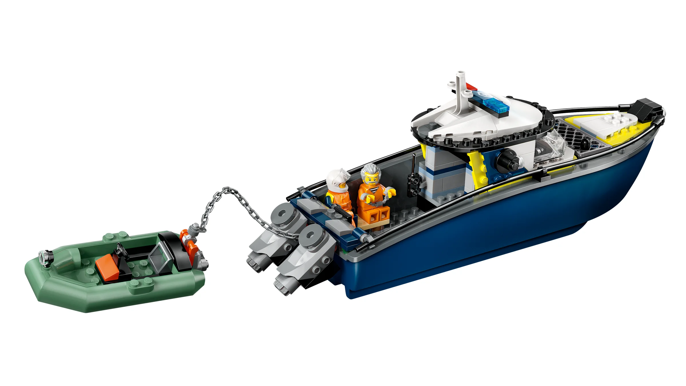 Imagine cu barca de poliție LEGO City 60456 și o barcă gonflabilă remorcată.