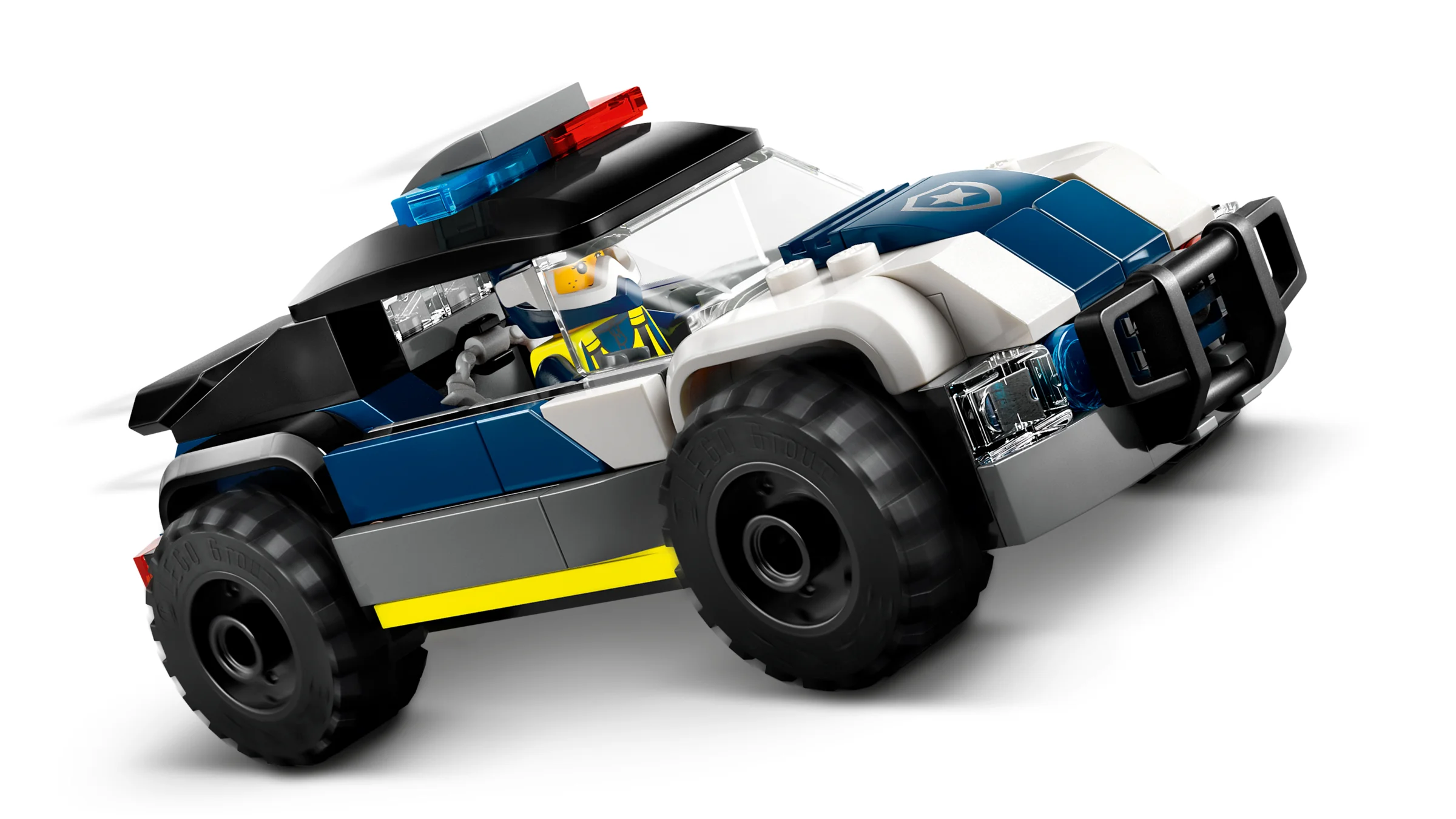 Mașină de poliție robustă LEGO City, cu minifigurină șofer în interior.