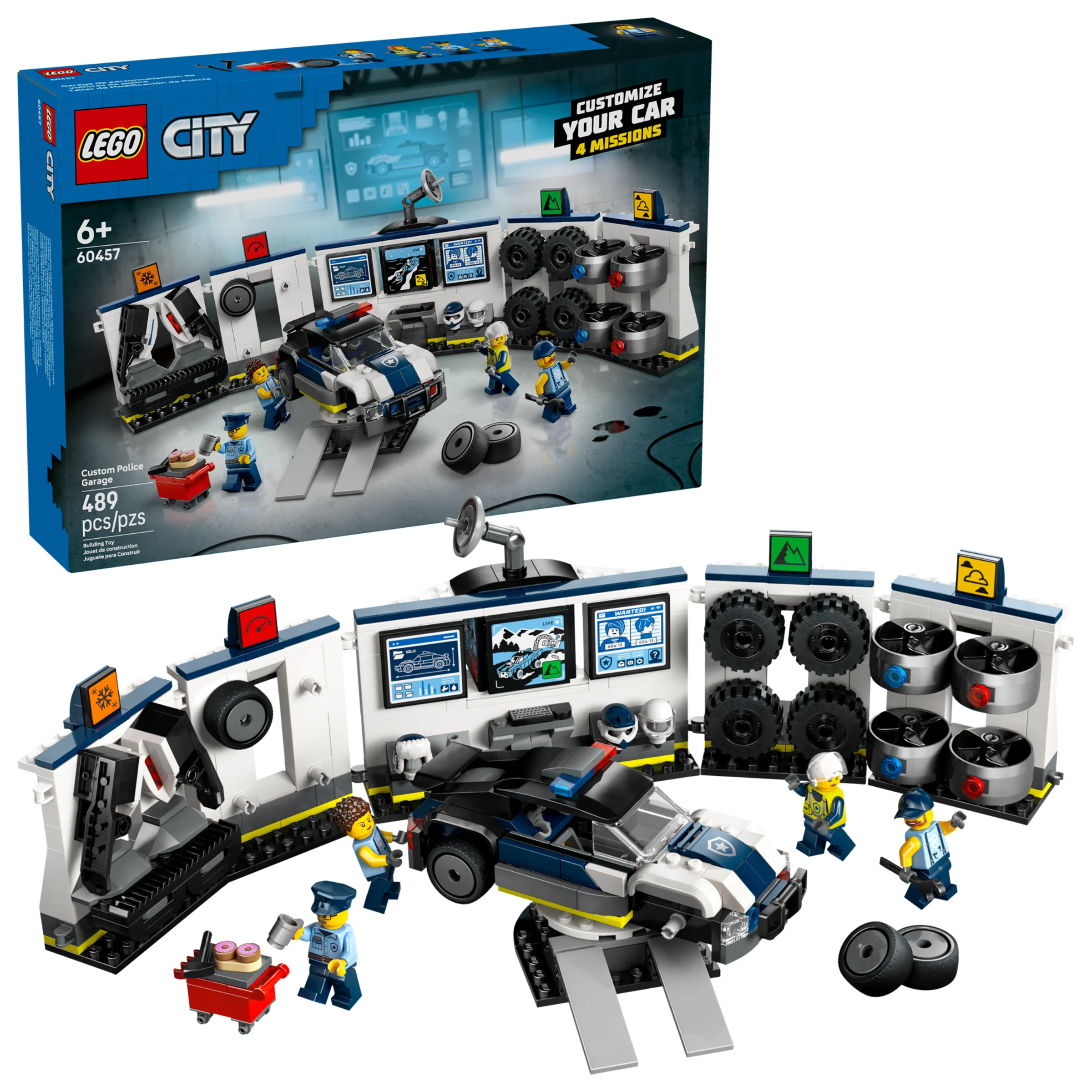 Imagine cu setul LEGO City 60457, Garajul de Poliție Personalizat, arătând cutia și modelul asamblat.