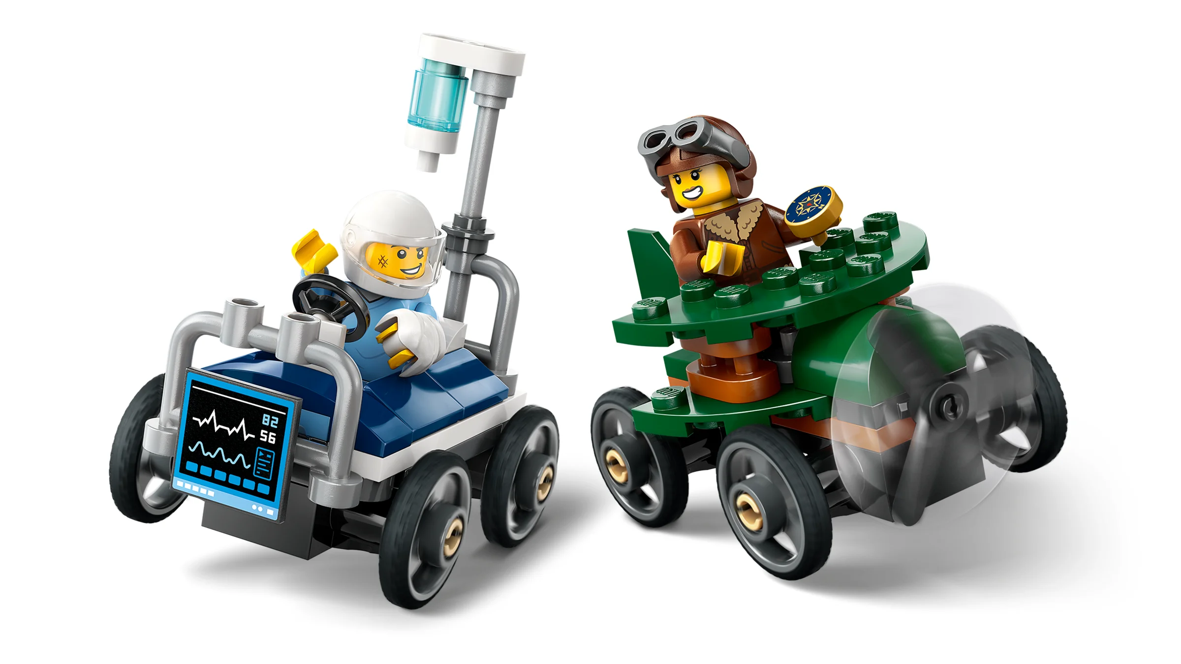 Două vehicule amuzante LEGO City: o cursă nebună între un pat de spital și un avion.