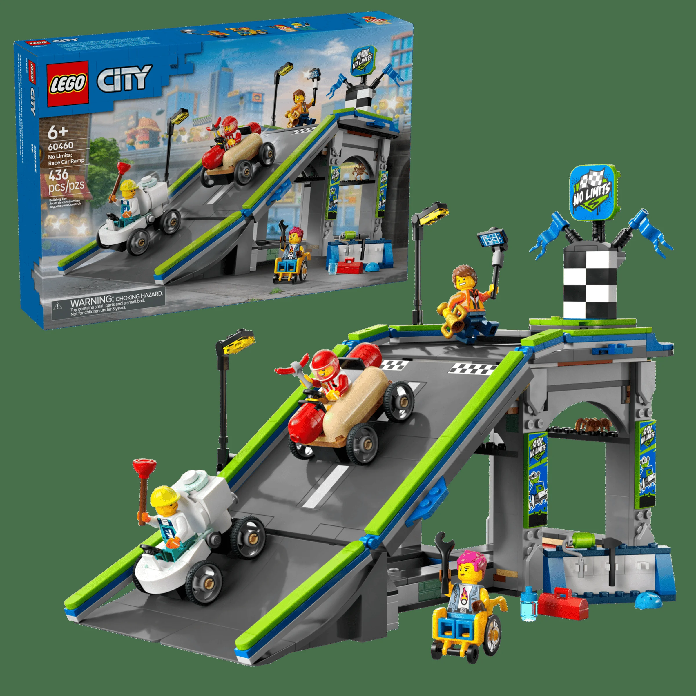 Imaginea prezintă setul LEGO City 60460, o rampă de curse cu mașini amuzante și diverse minifigurine.