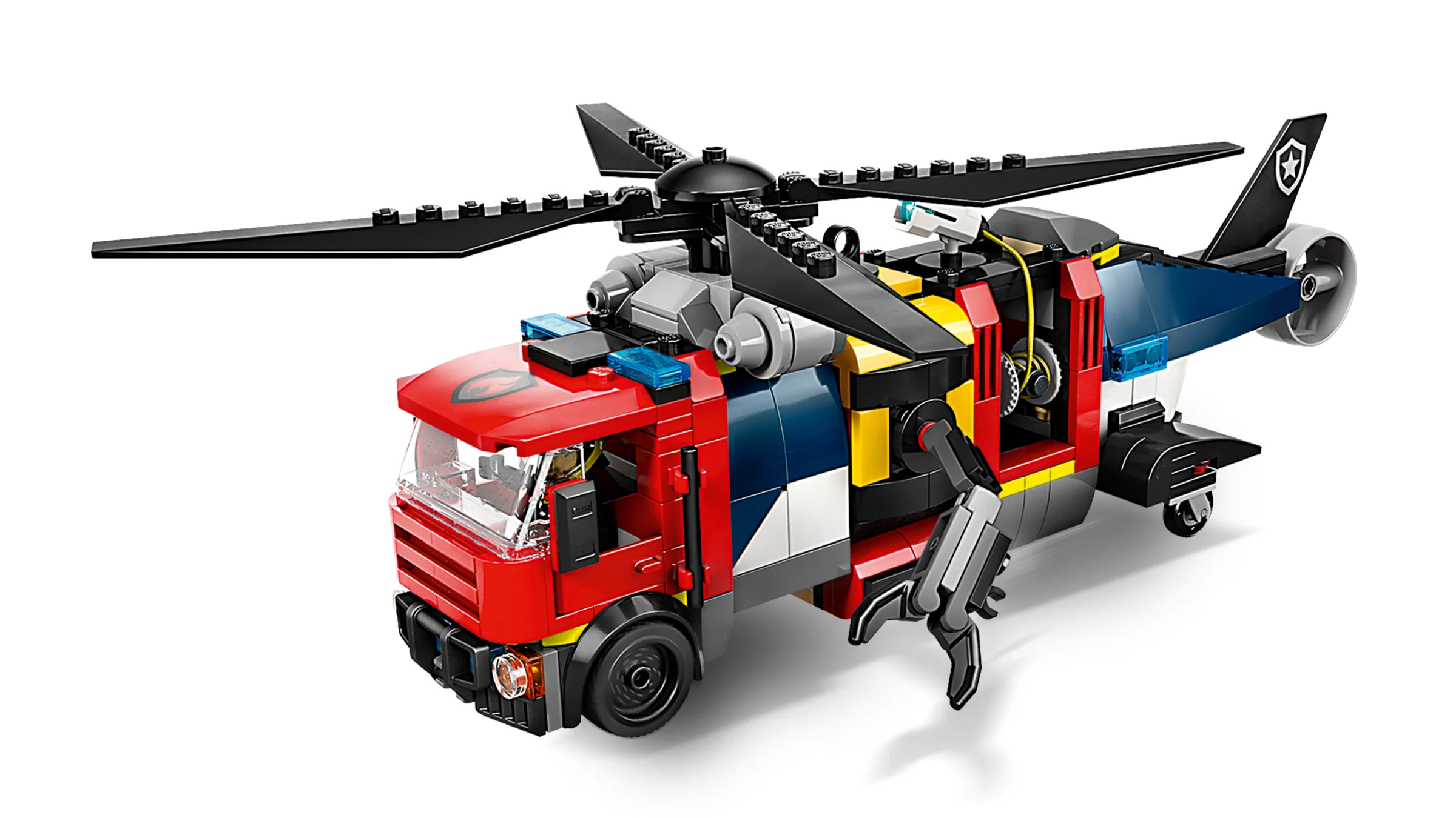 Imagine detaliată a elicopterului transformat din camion de pompieri, un model LEGO City interesant.