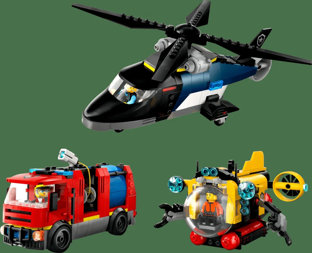 Imagine cu elicopterul, camionul de pompieri și submarinul LEGO City din setul 60462.