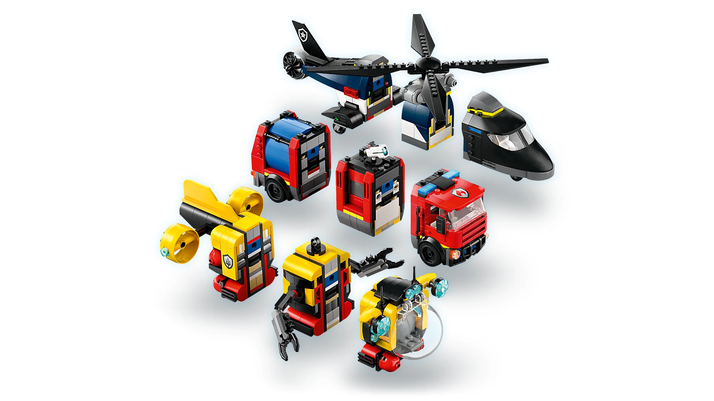 Prezentare a elicopterului, camionului de pompieri și submarinului din setul LEGO® City 60462.