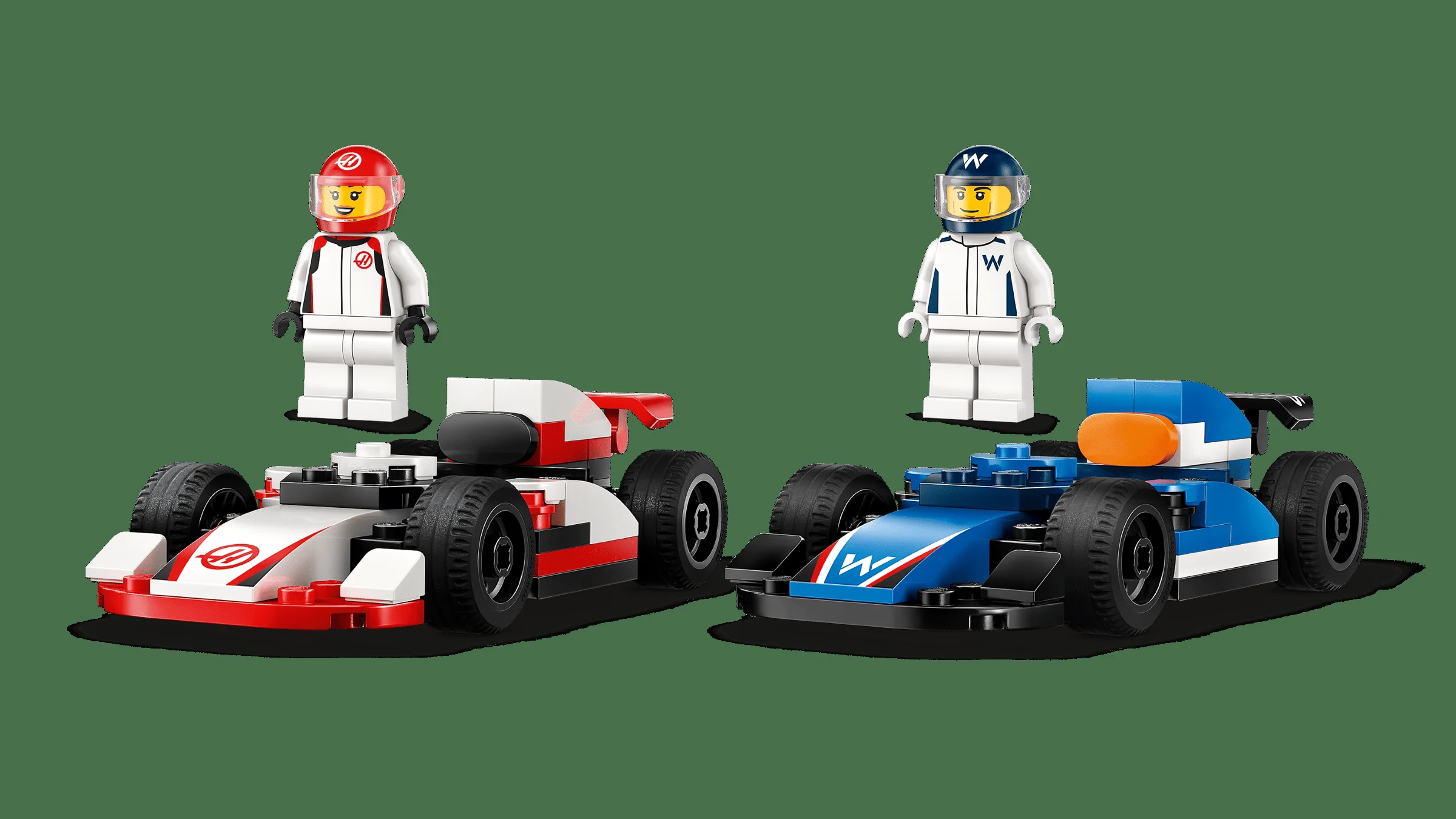 Două mașini de curse F1, Haas și Williams, cu minifigurinele piloților. Aspect detaliat, viu colorat.