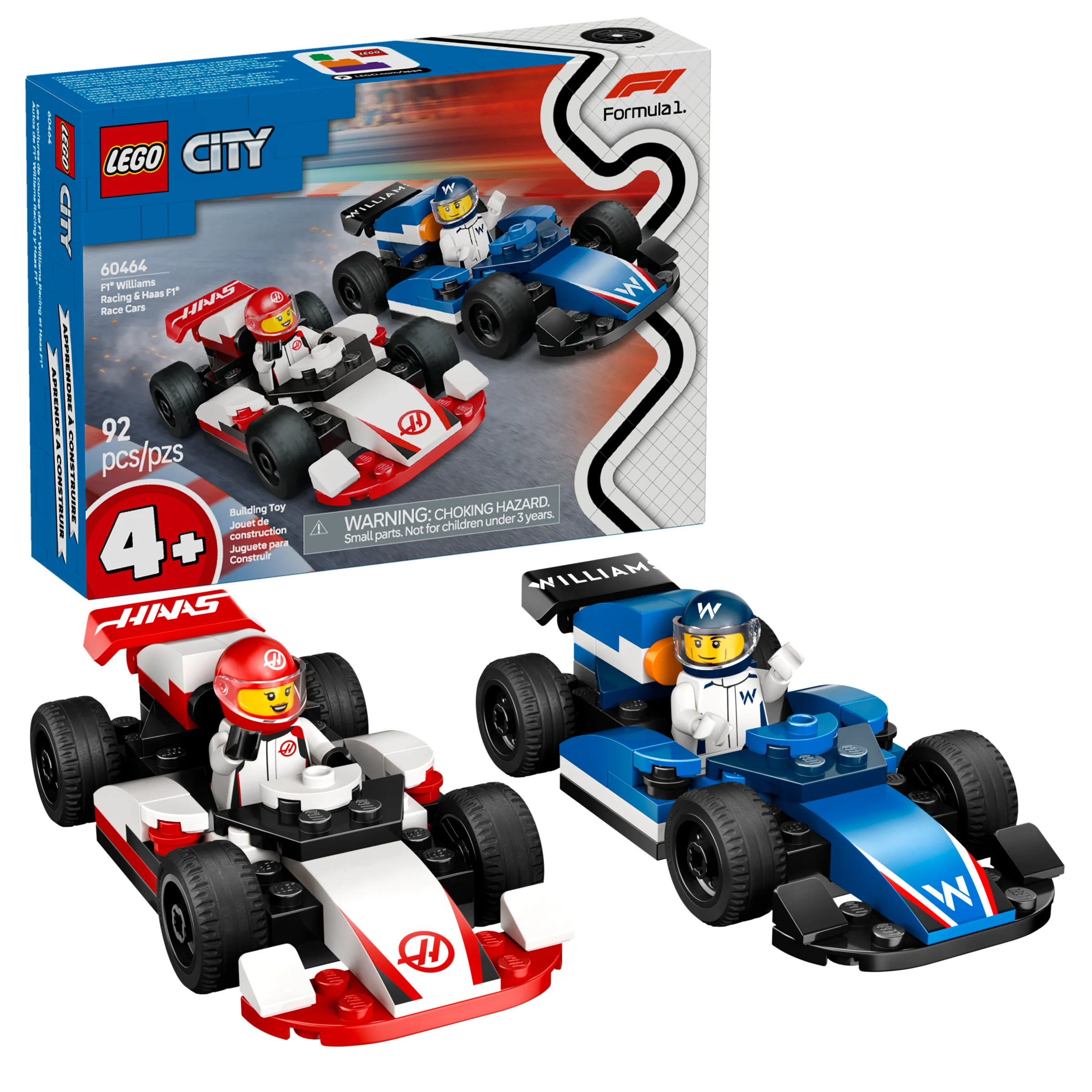 Setul LEGO City 60464 prezintă mașinile de curse F1 Williams și Haas F1 cu minifigurine.
