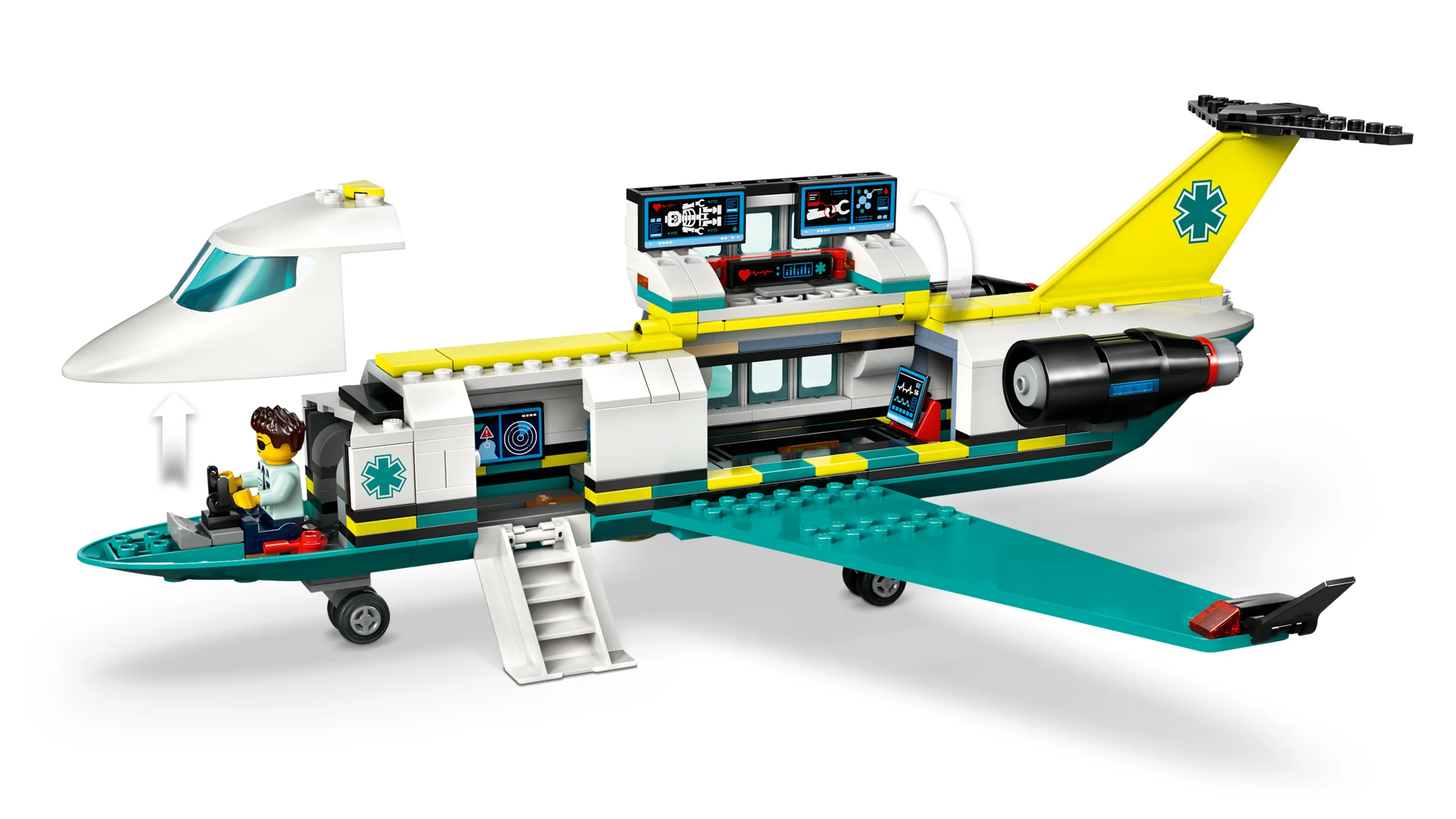 Imagine cu avionul medical LEGO 60465, arătând interiorul și minifigurina pilot.