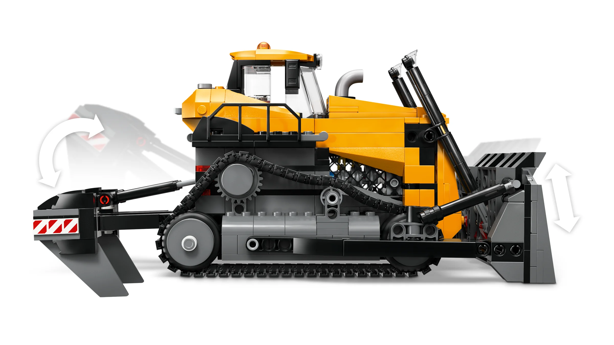 Buldozer LEGO galben și gri, cu lama mobilă și cupă rotativă. Model detaliat.