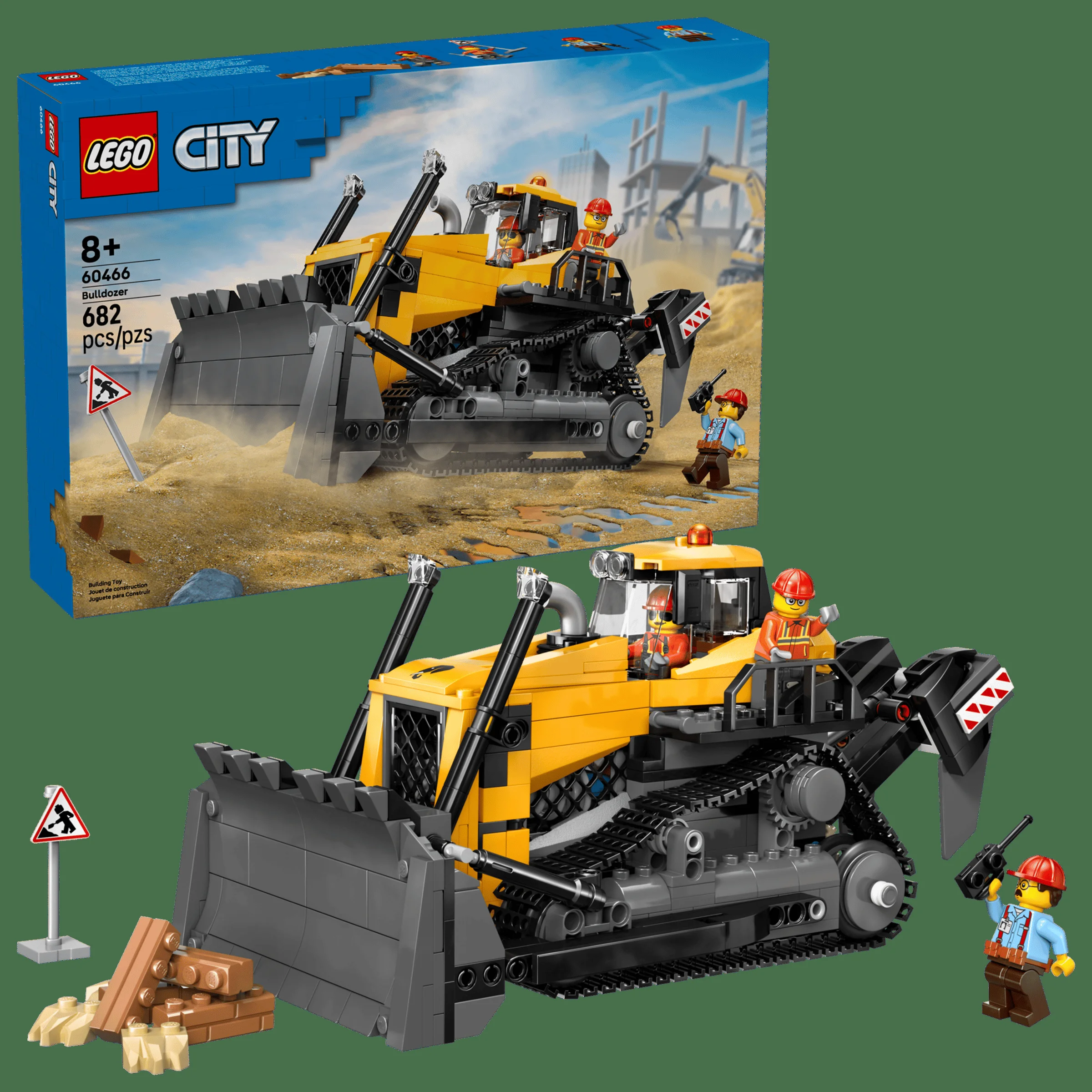 Imagine cu buldozerul LEGO City 60466 și minifigurinele. Vedere generală, prezentare completă a produsului.