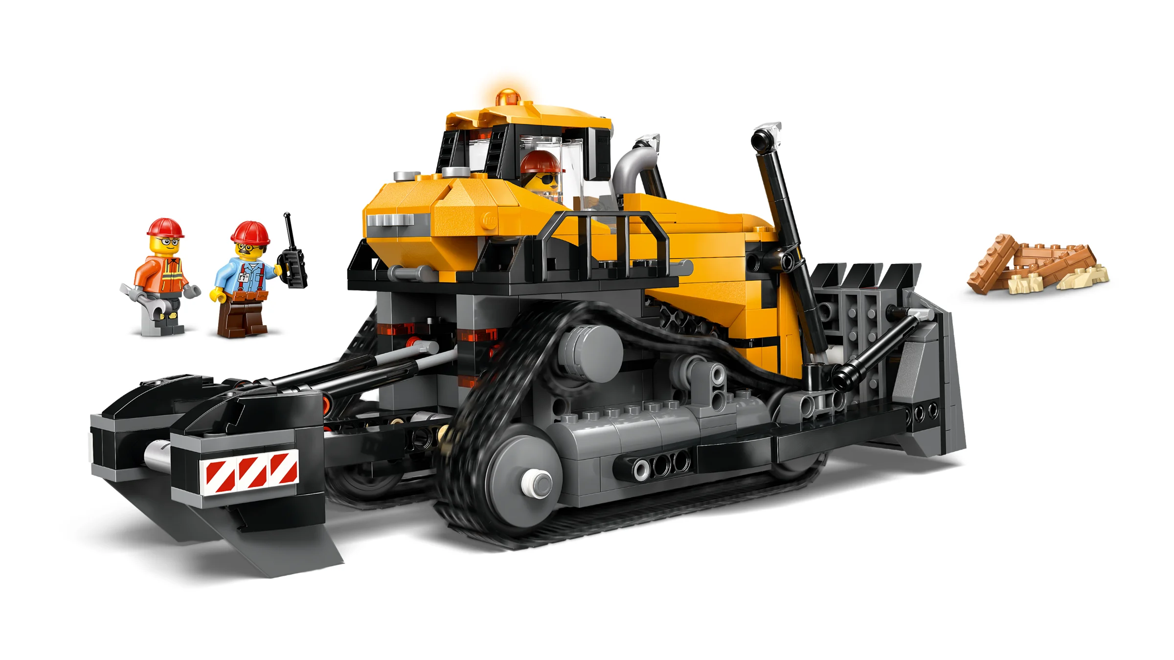 Bulldozer galben-negru LEGO City cu minifigurine și pietre de construcție.