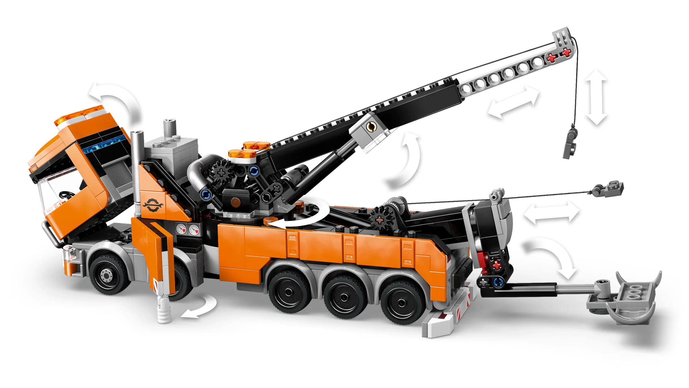 Camion de remorcare portocaliu și negru LEGO City, cu funcții interactive, ideal pentru joacă.