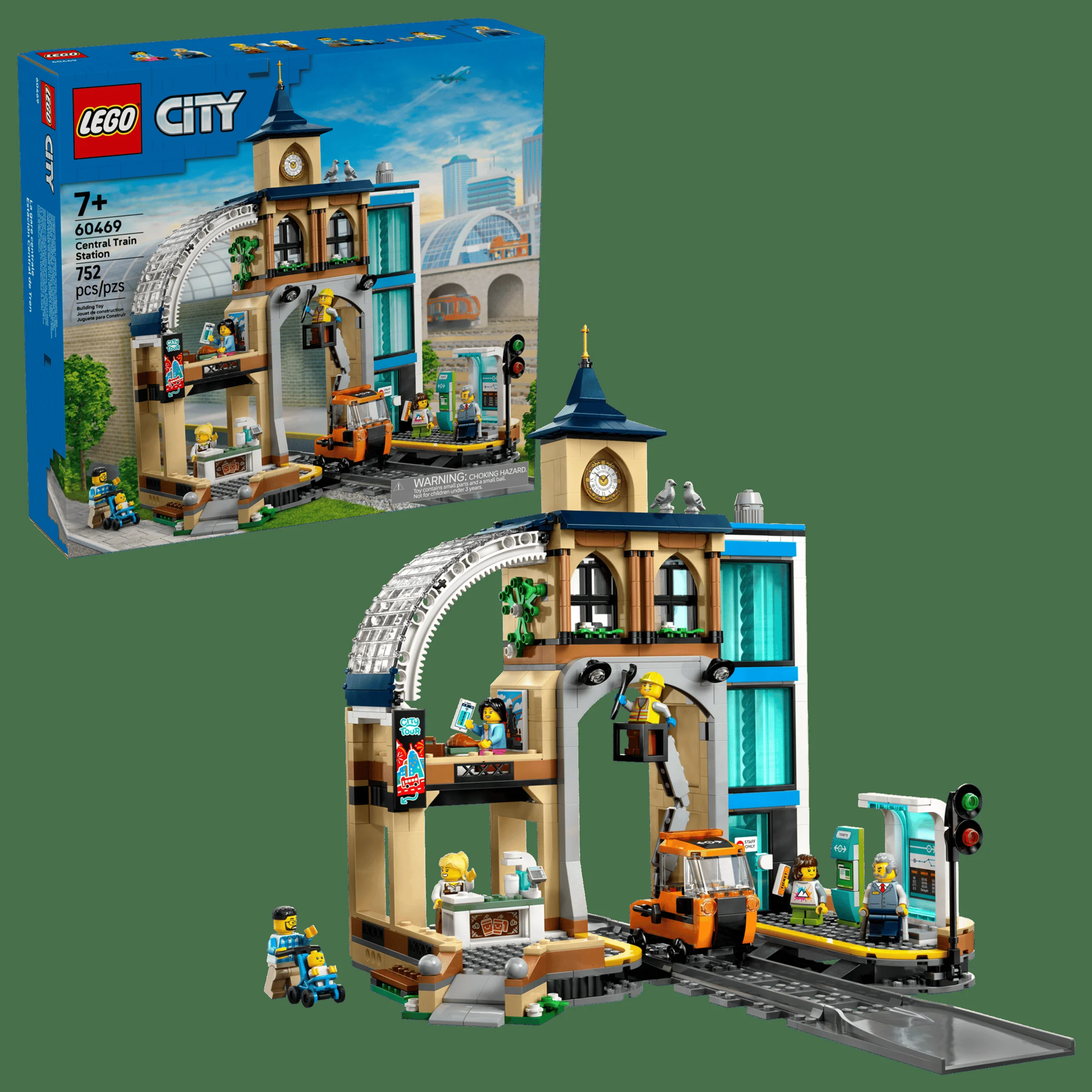 Imagine cu gară centrală LEGO City 60469 și cutia. Detalii despre construcție și minifigurine.