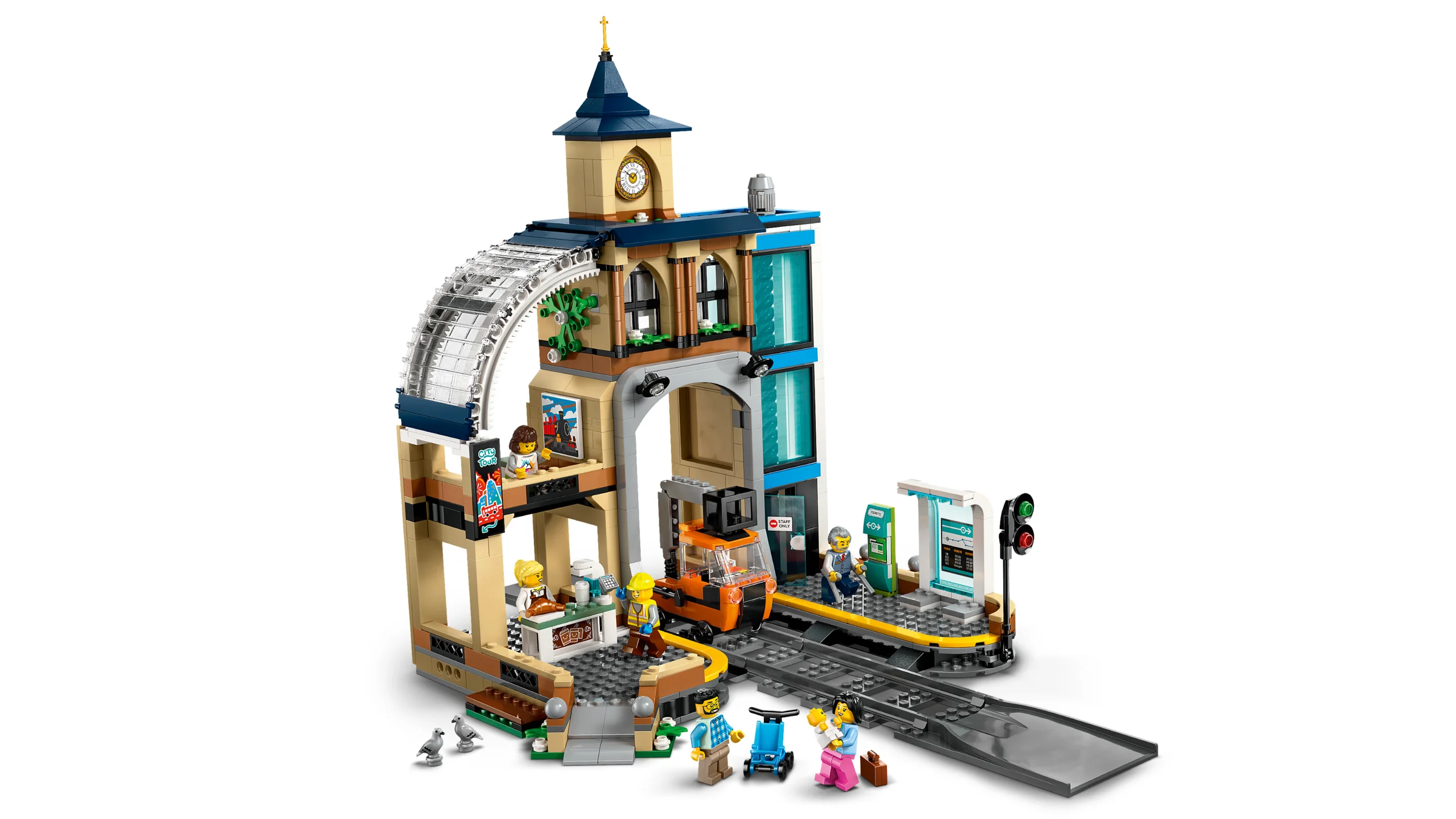Imagine cu stația centrală de tren LEGO City, un model complex și detaliat.