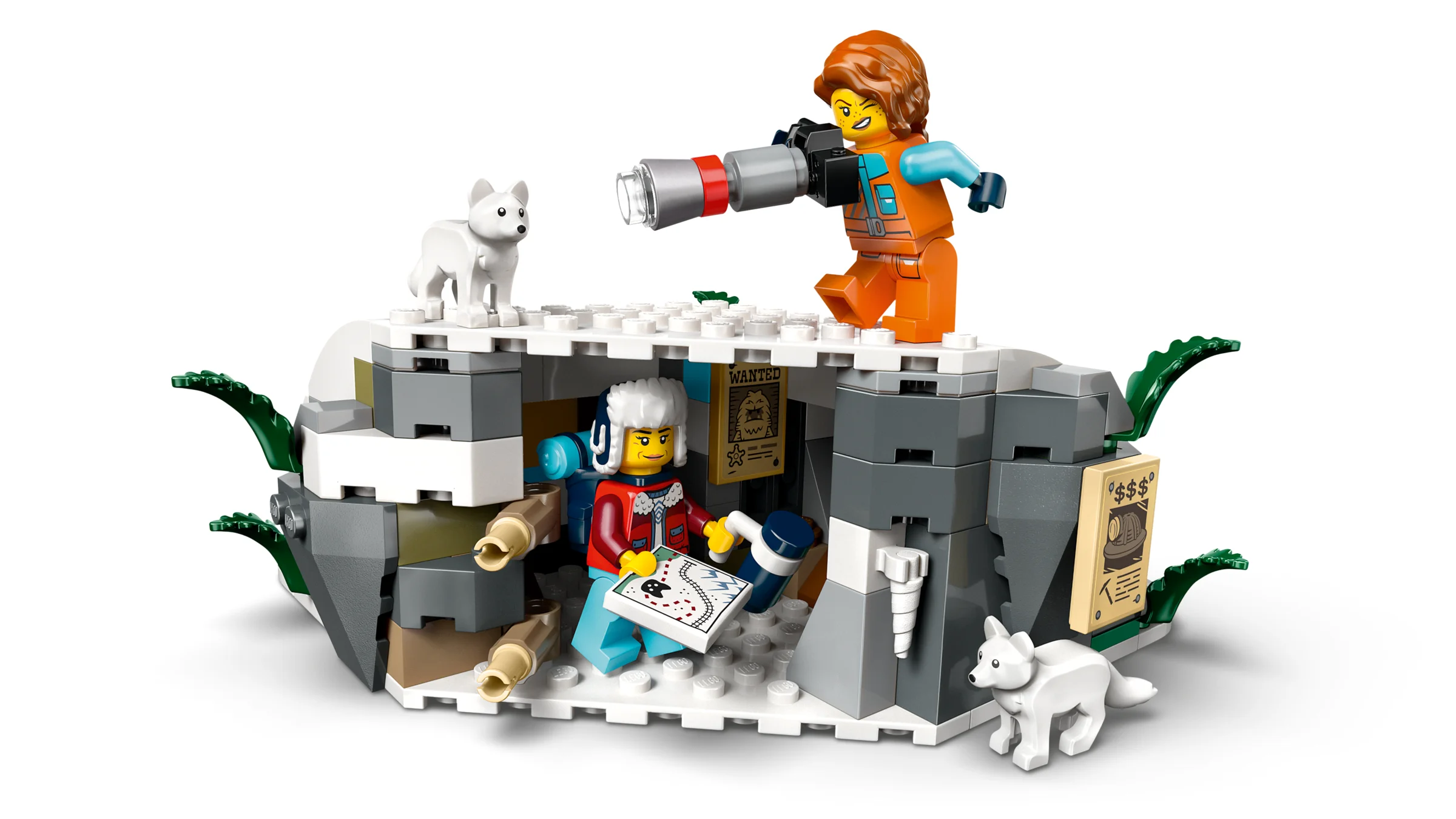 Setul LEGO City 60470 prezintă o peșteră cu figurine și animale, ideal pentru aventuri arctice.