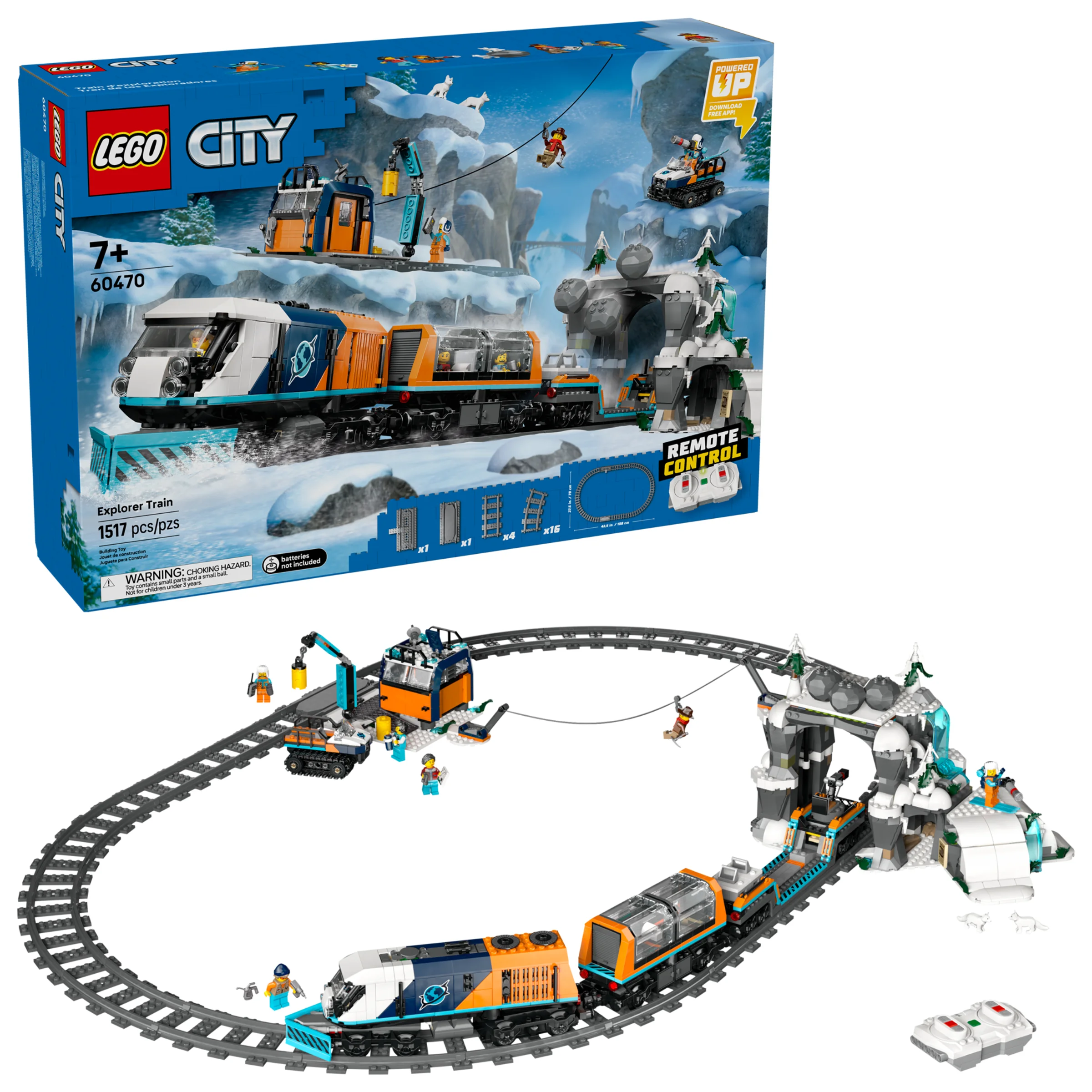 Imagine cu setul LEGO City 60470 Trenul Explorator, cu ambalaj și model asamblat.