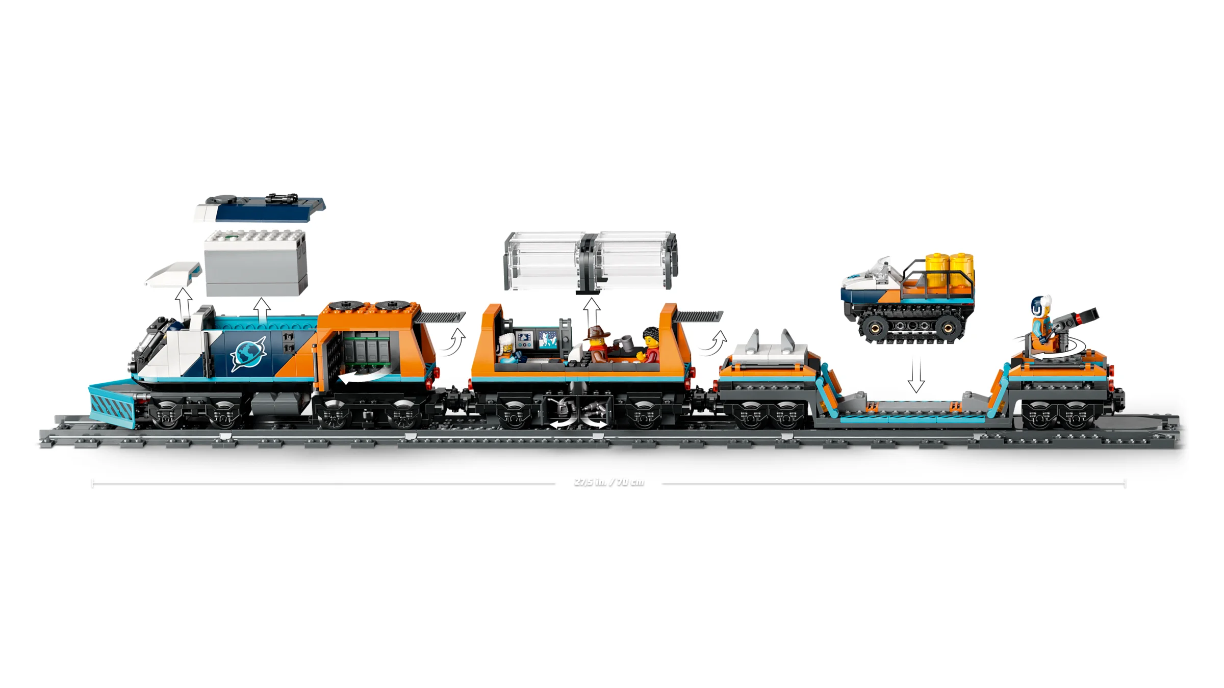 Trenul de explorare 60470, un model LEGO detaliat cu funcții interactive și minifigurine incluse.