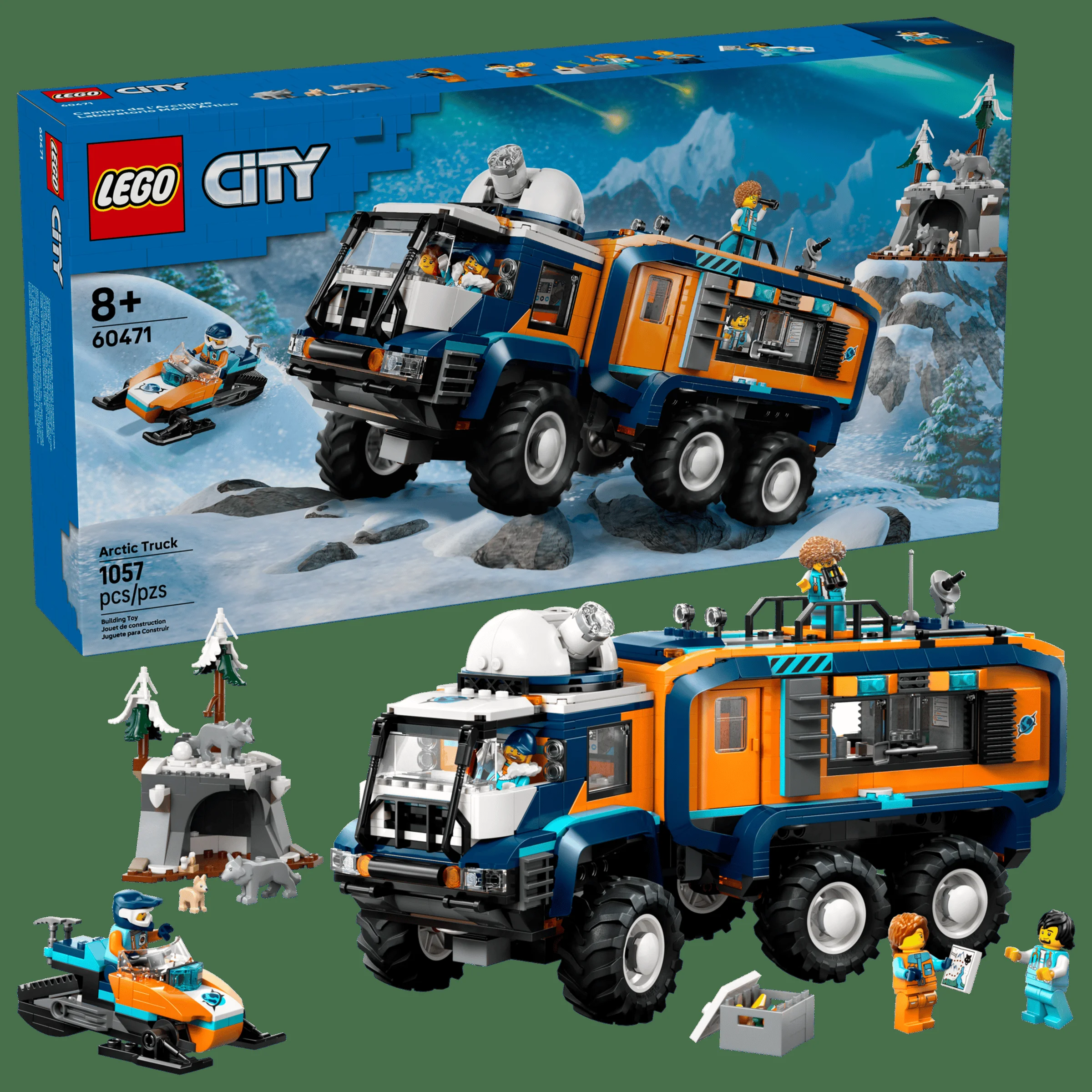 Imagine detaliată cu camionul arctic LEGO City 60471 și cutia, prezentând minifigurinele și detaliile setului.
