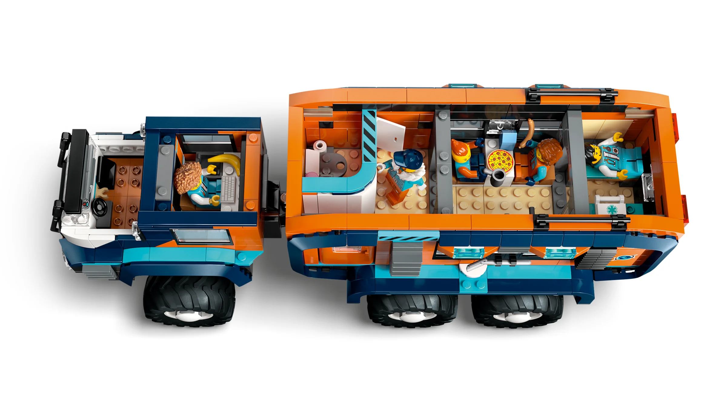Imagine detaliată a camionului arctic LEGO 60471, secționat pentru a vedea interiorul.