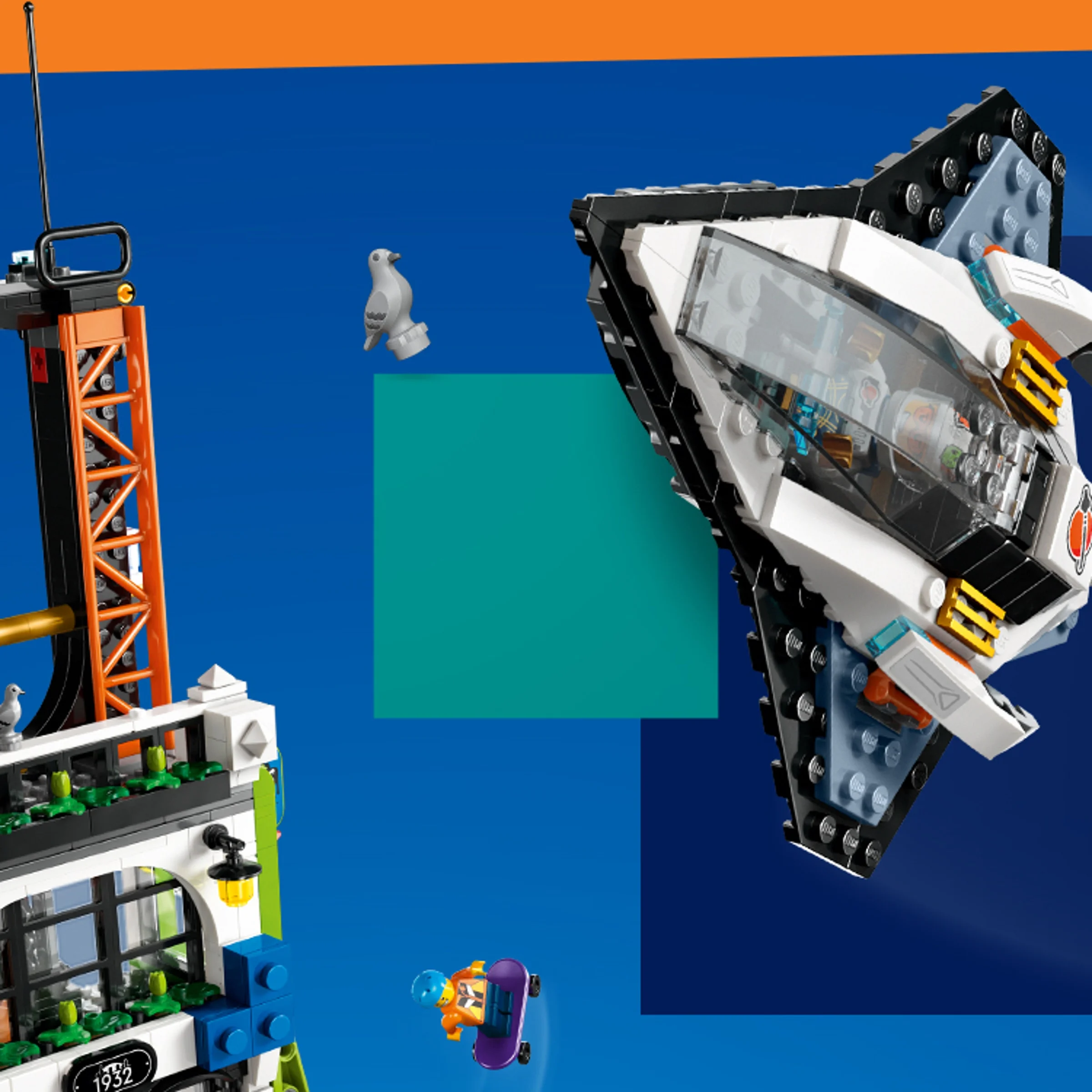 Imagine cu o parte din turn și nava spațială LEGO City. Detalii colorate și creative.