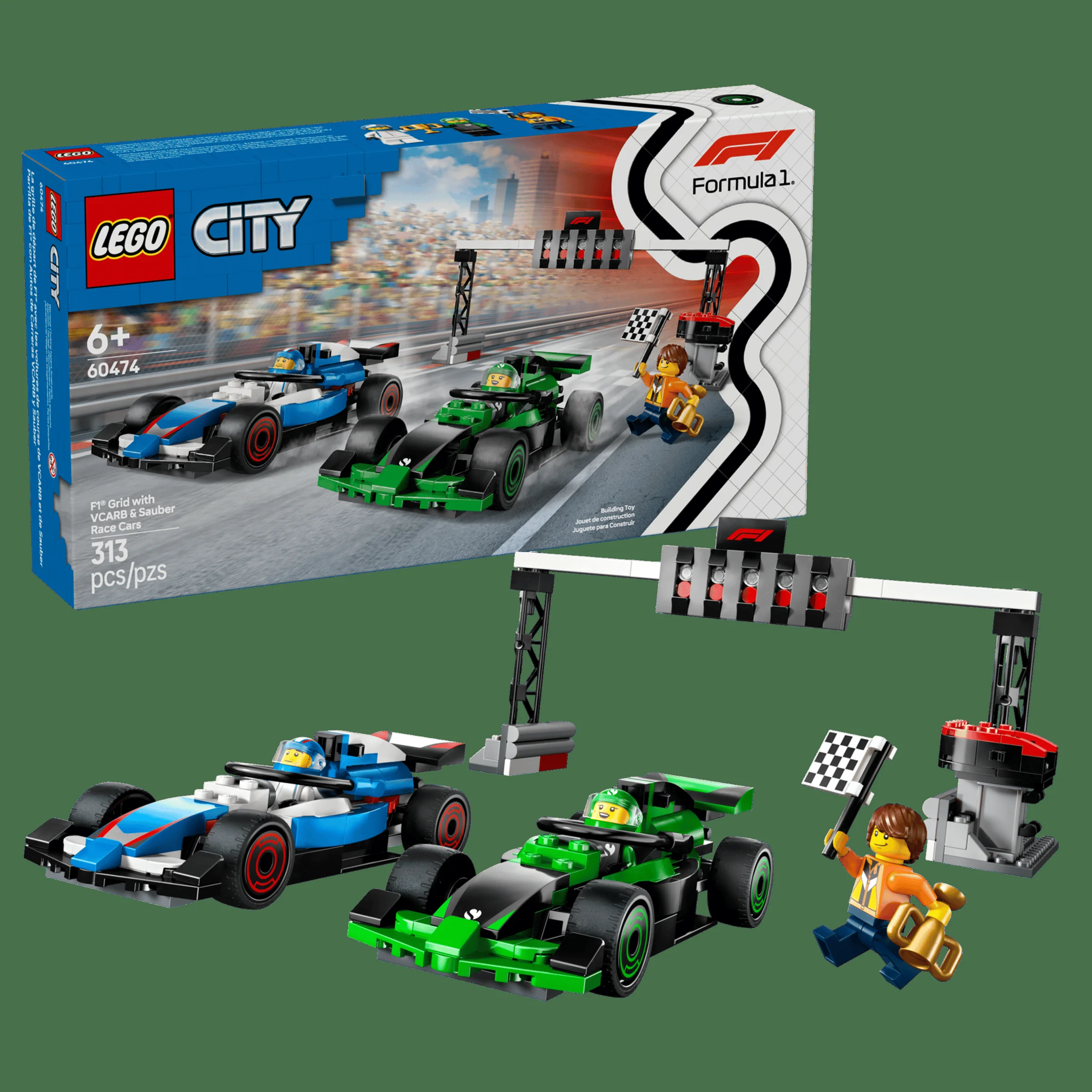 Imagine cu setul LEGO City 60474, mașini de curse VCARB și Sauber, cu detalii și minifigurine.