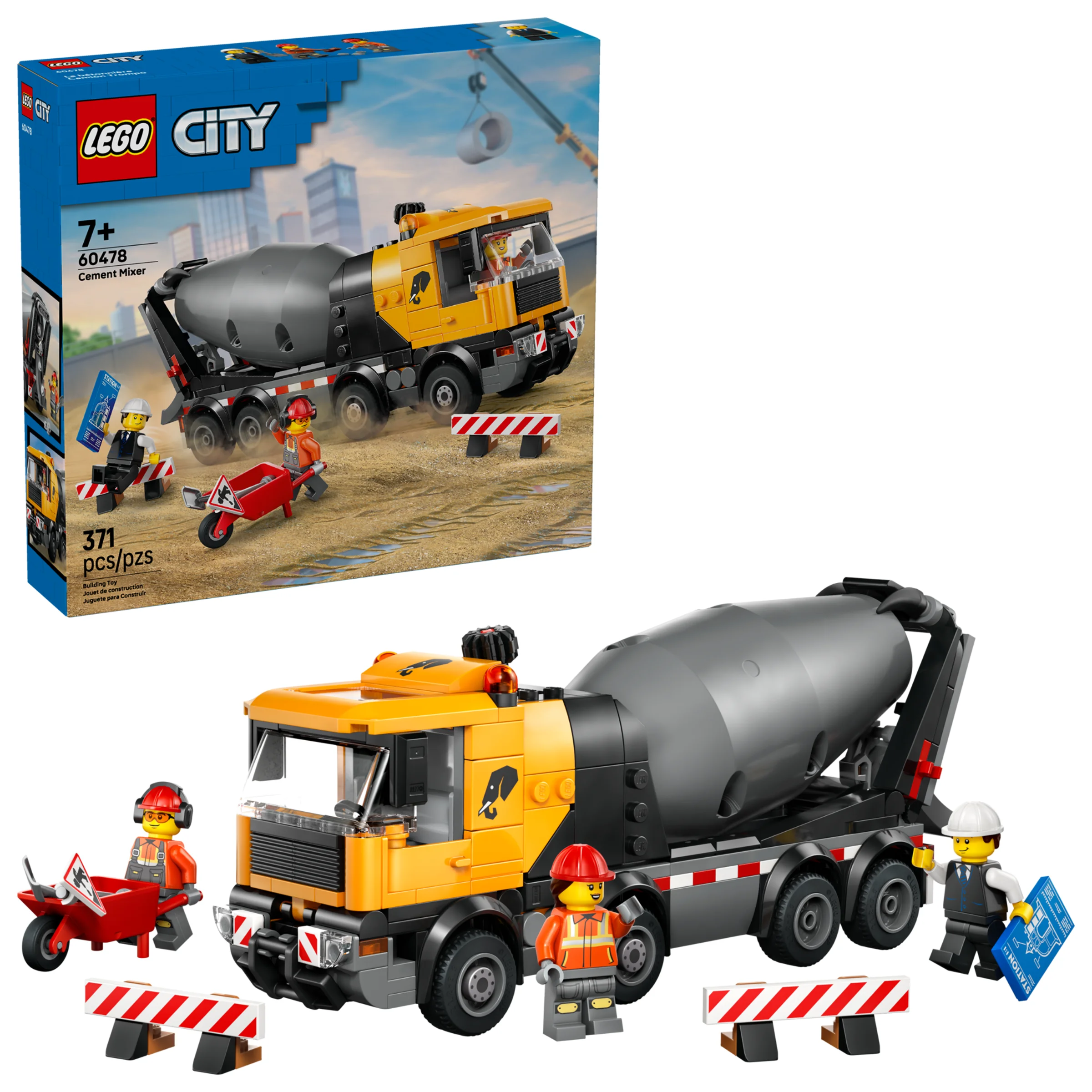 Imagine cu betoniera LEGO City 60478, împreună cu minifigurine și elemente de construcție. Set detaliat, viu colorat.