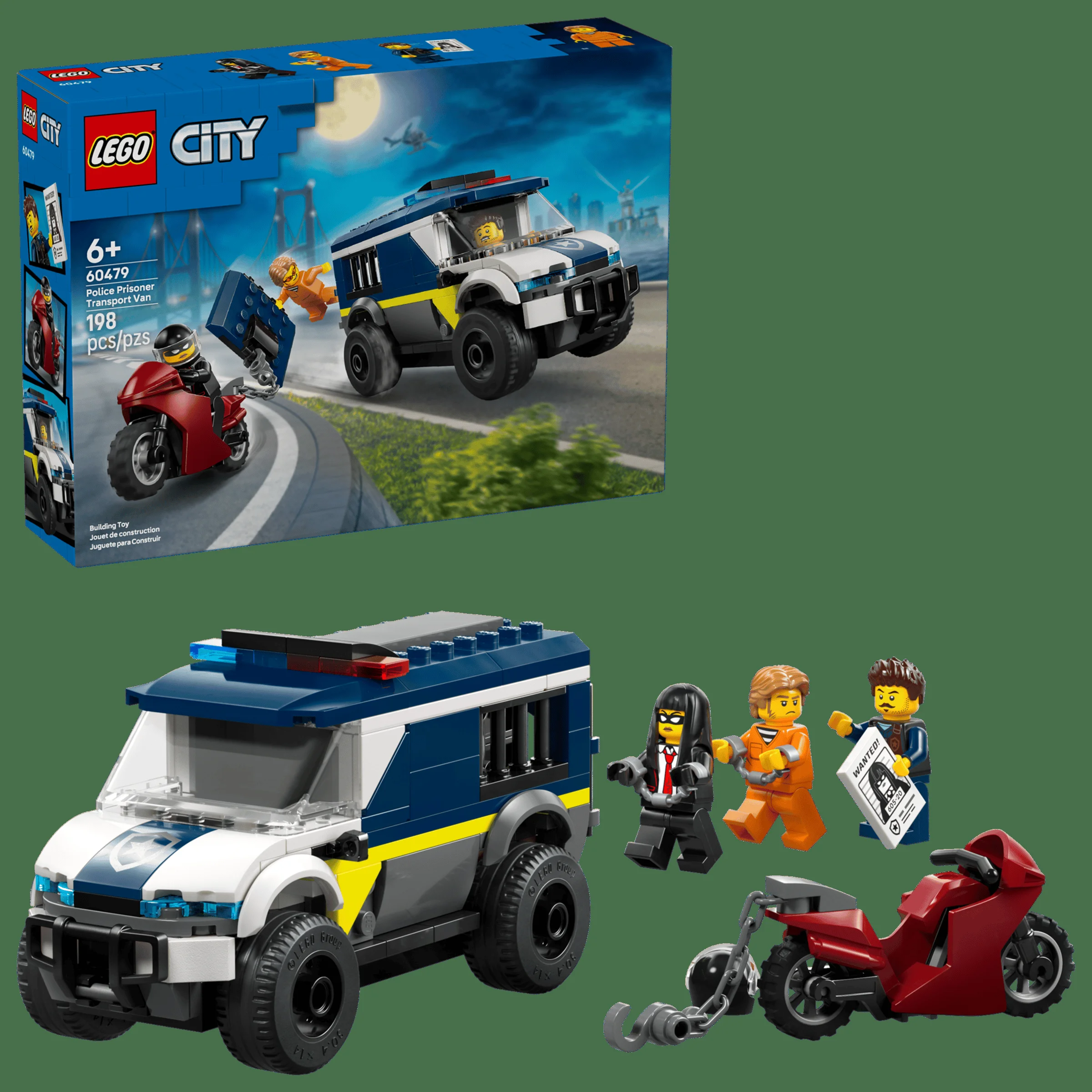 Imagine cu setul LEGO City 60479, furgonetă de transport prizonieri și minifigurinele incluse.