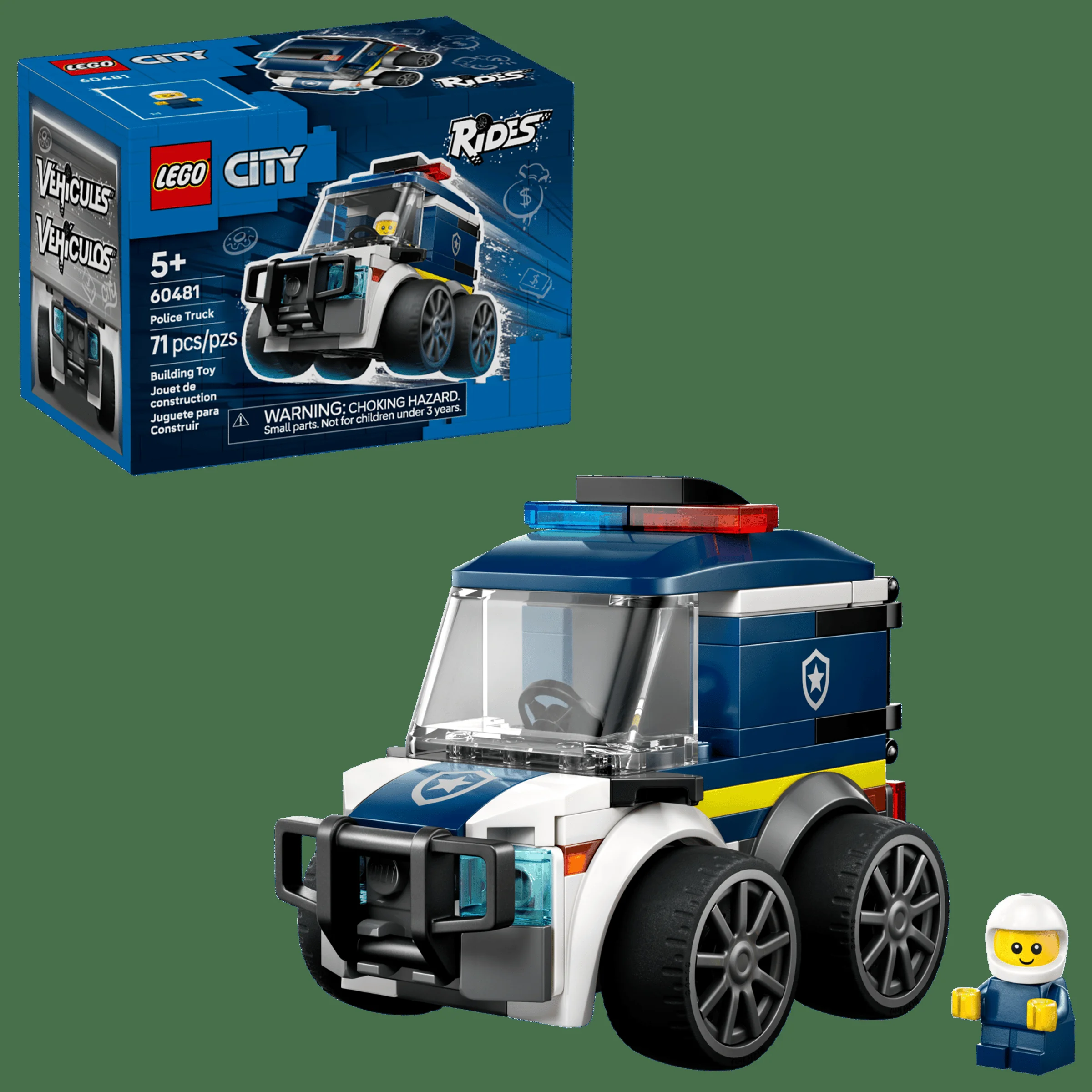 Imagine cu camionul de poliție LEGO 60481 și cutia, detaliind aspectul și conținutul setului.