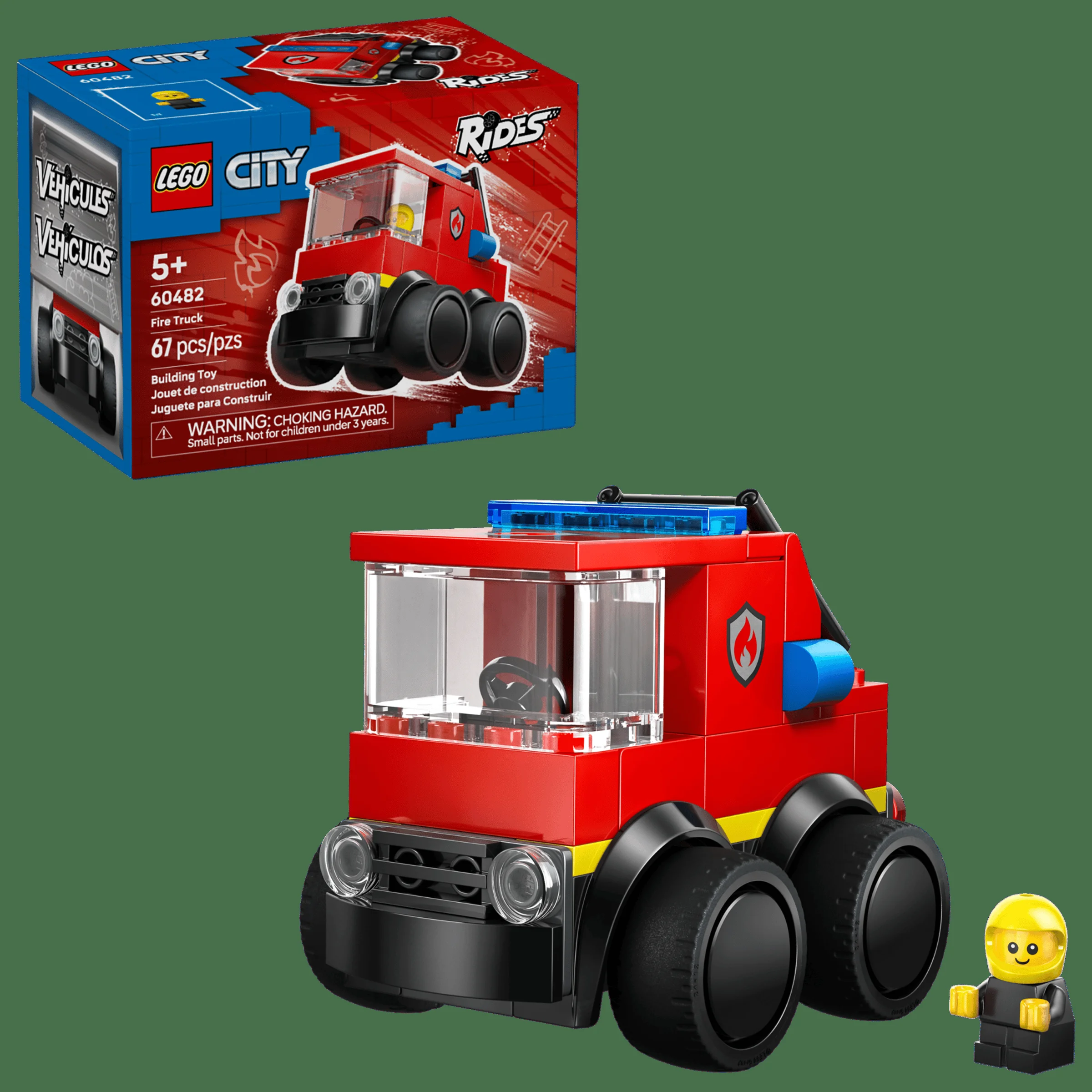Imagine cu camionul de pompieri LEGO City 60482, cu cutia și minifigurina.