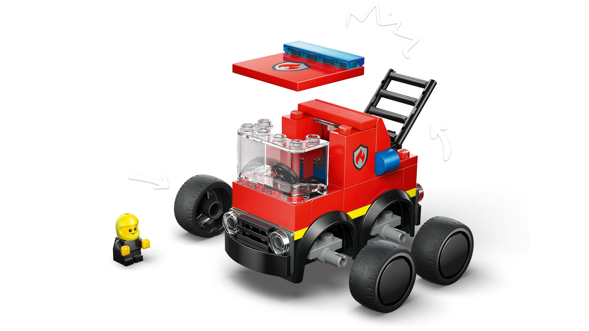 Explozie a detaliilor camionului de pompieri LEGO 60482, cu minifigurina inclusă. 