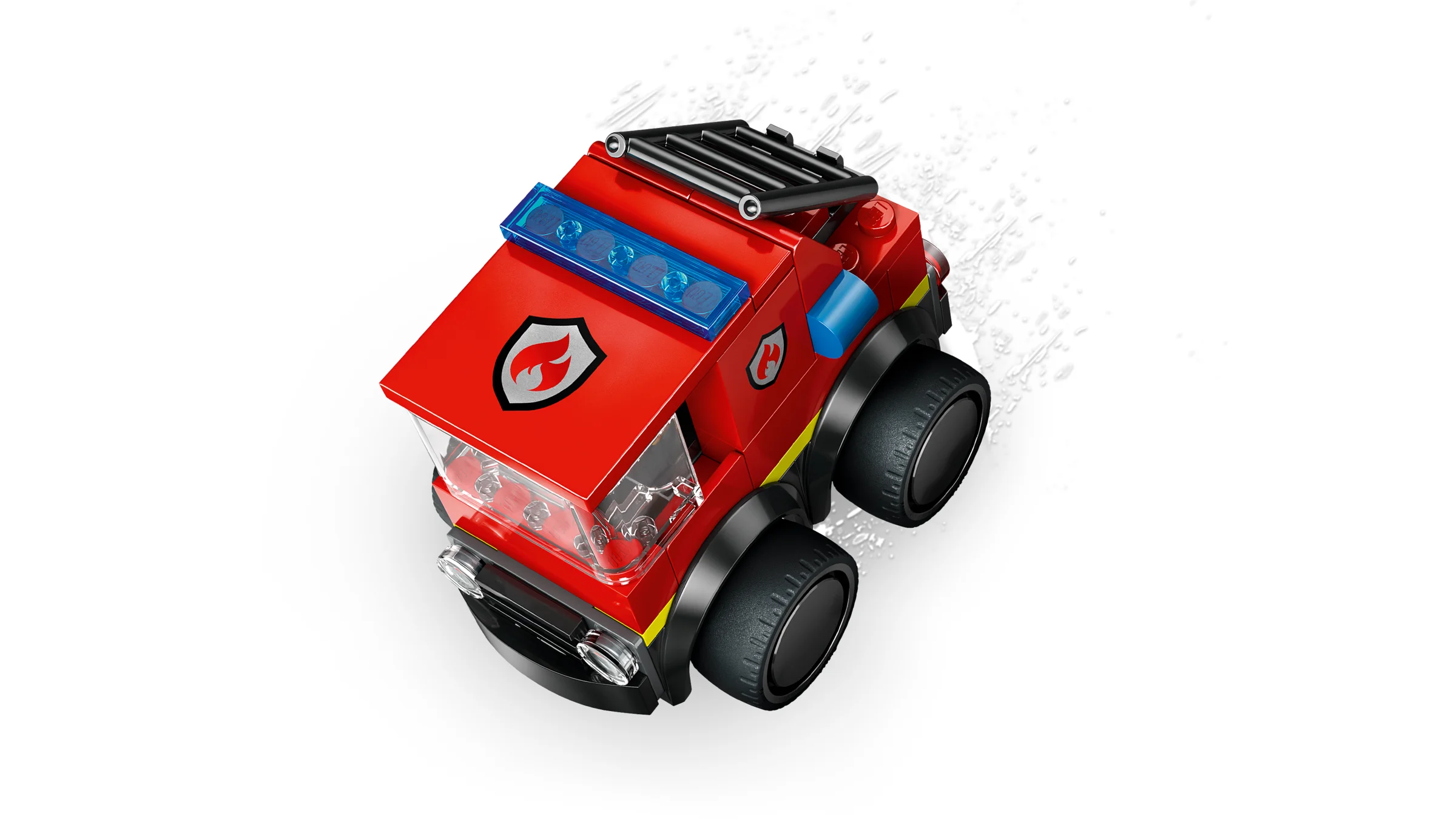Modelul LEGO al autospecialei de pompieri, cu detalii precum sirena și simbolul flăcării.