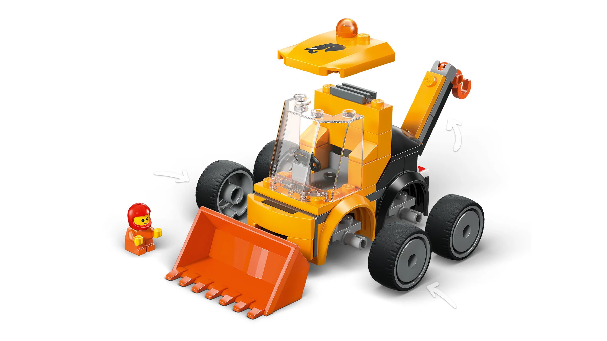 Imagine cu încărcătorul LEGO 60483 parțial dezmembrat, evidențiind componentele principale și minifigurina.