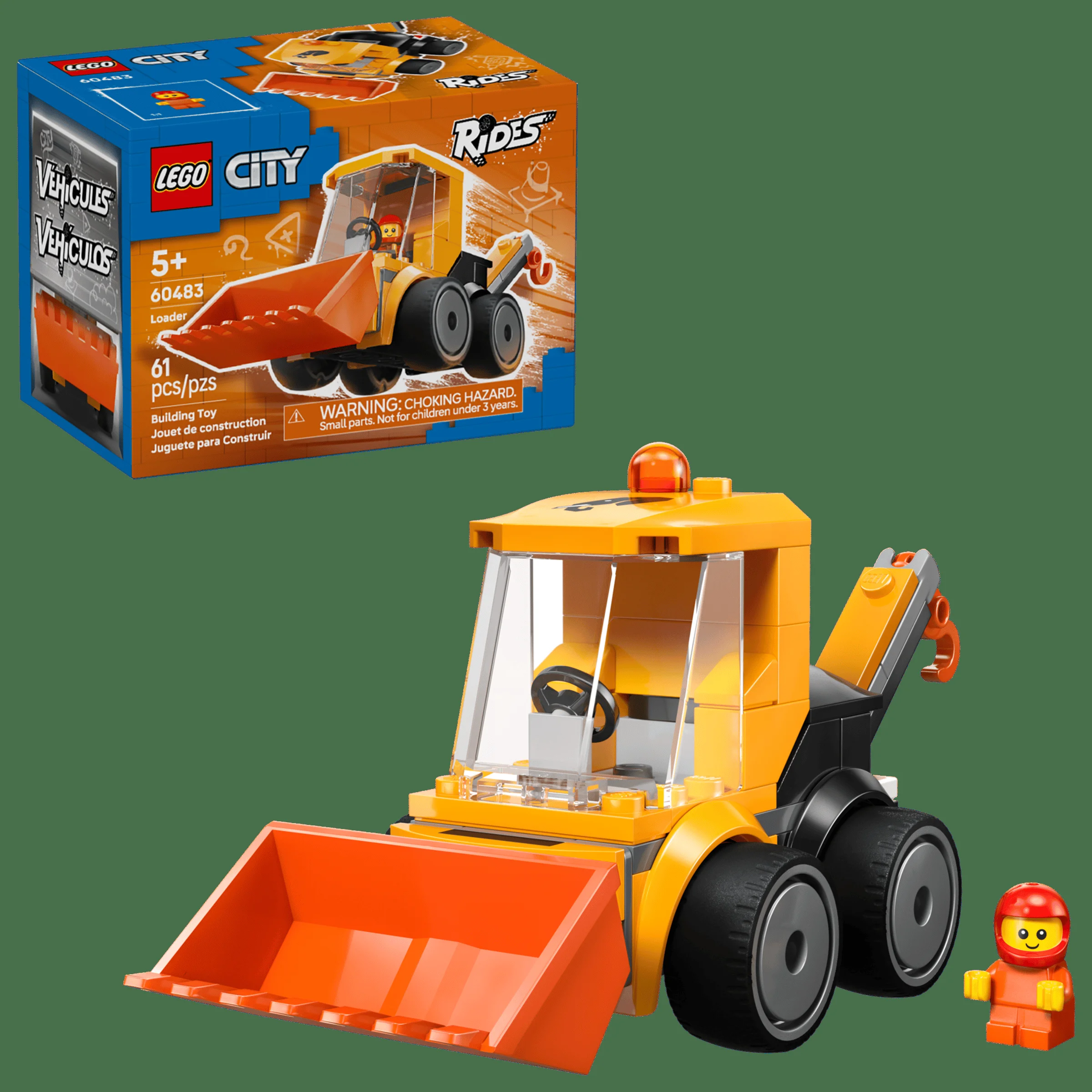 Imagine cu Loader LEGO 60483, incluzând cutia, modelul asamblat și minifigurina. Aspect atrăgător și detaliat.
