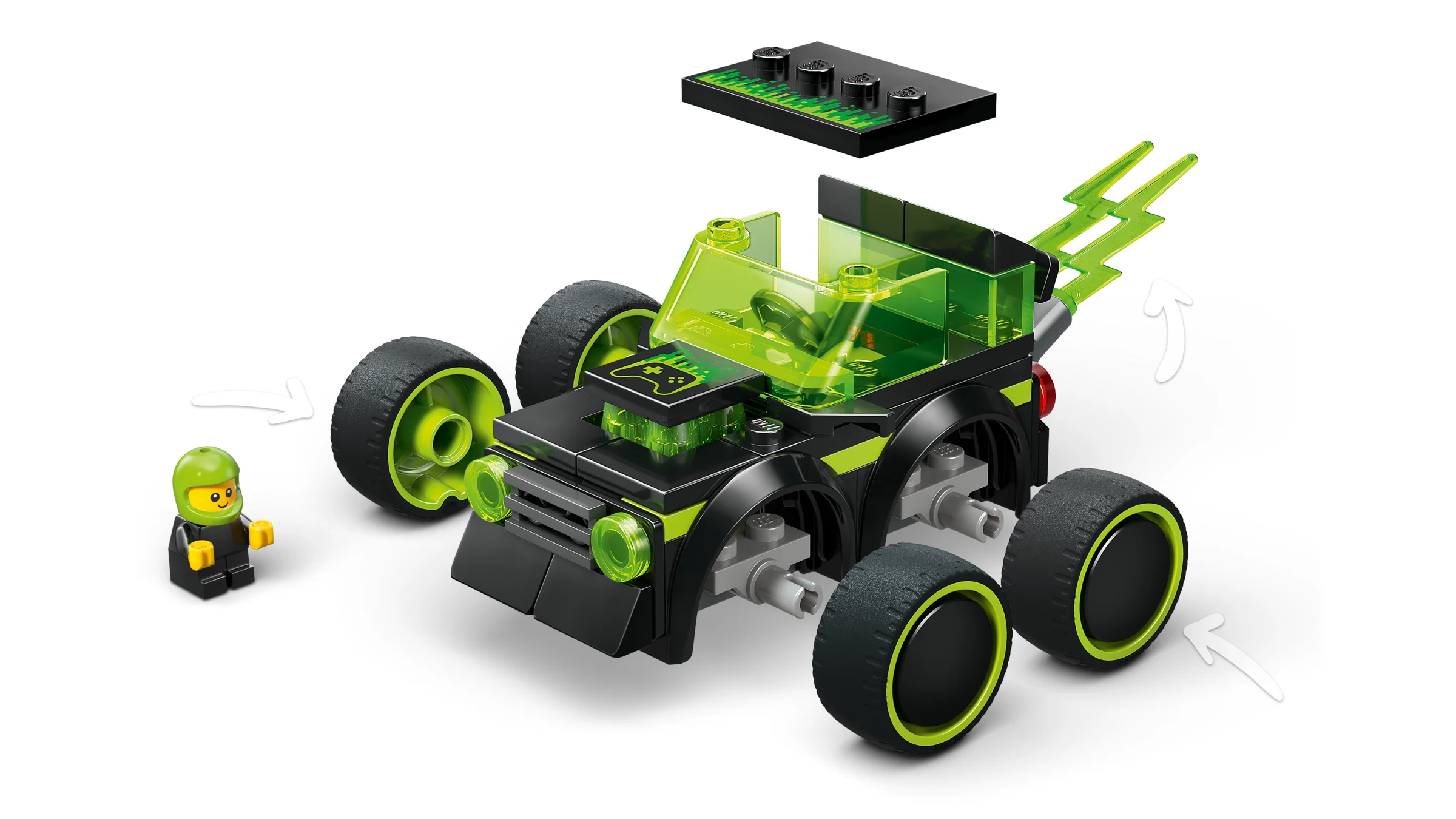 Imagine detaliată a mașinii de gaming LEGO 60484 și a minifigurinei, stilizate pentru joc.