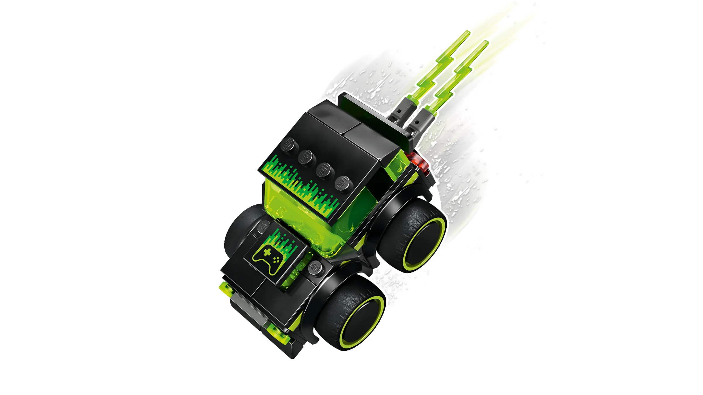Mașină de gaming neagră și verde, cu detalii futuriste și efect de viteză. Arată cool și dinamică.