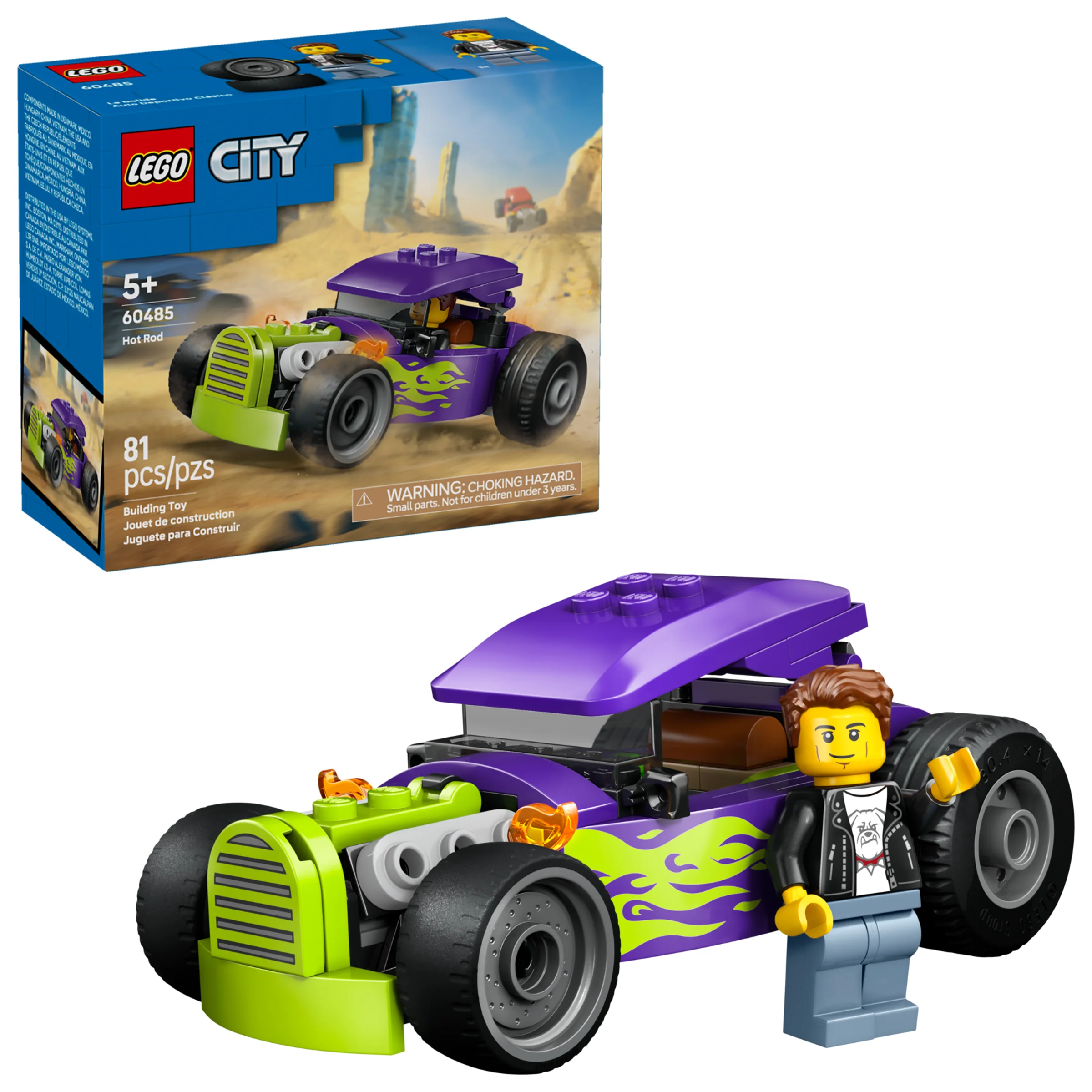 Imagine cu setul LEGO 60485 Hot Rod, prezentând mașina violet și verde și cutia produsului.