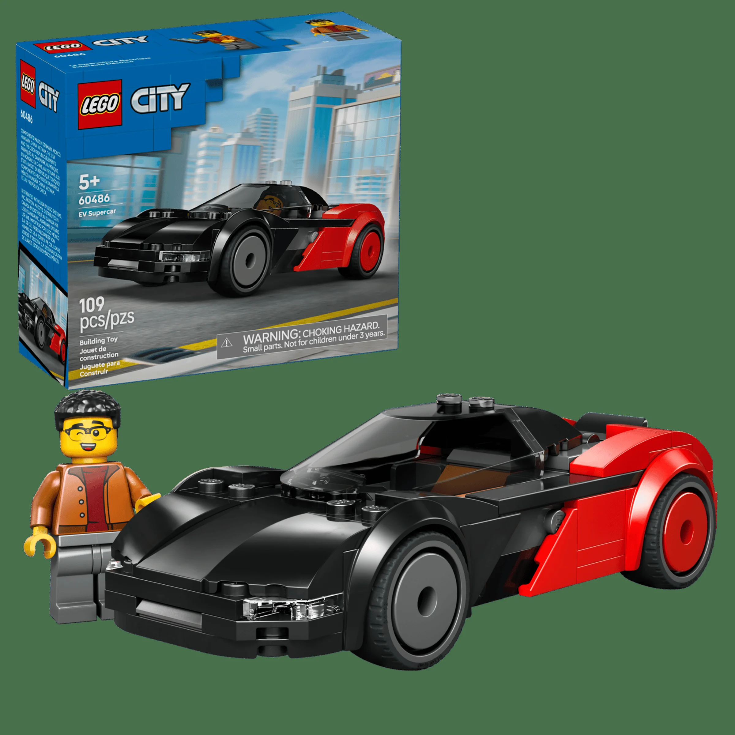Imagine cu setul LEGO 60486, Supermașina Electrică (EV), cu minifigurina și cutia.