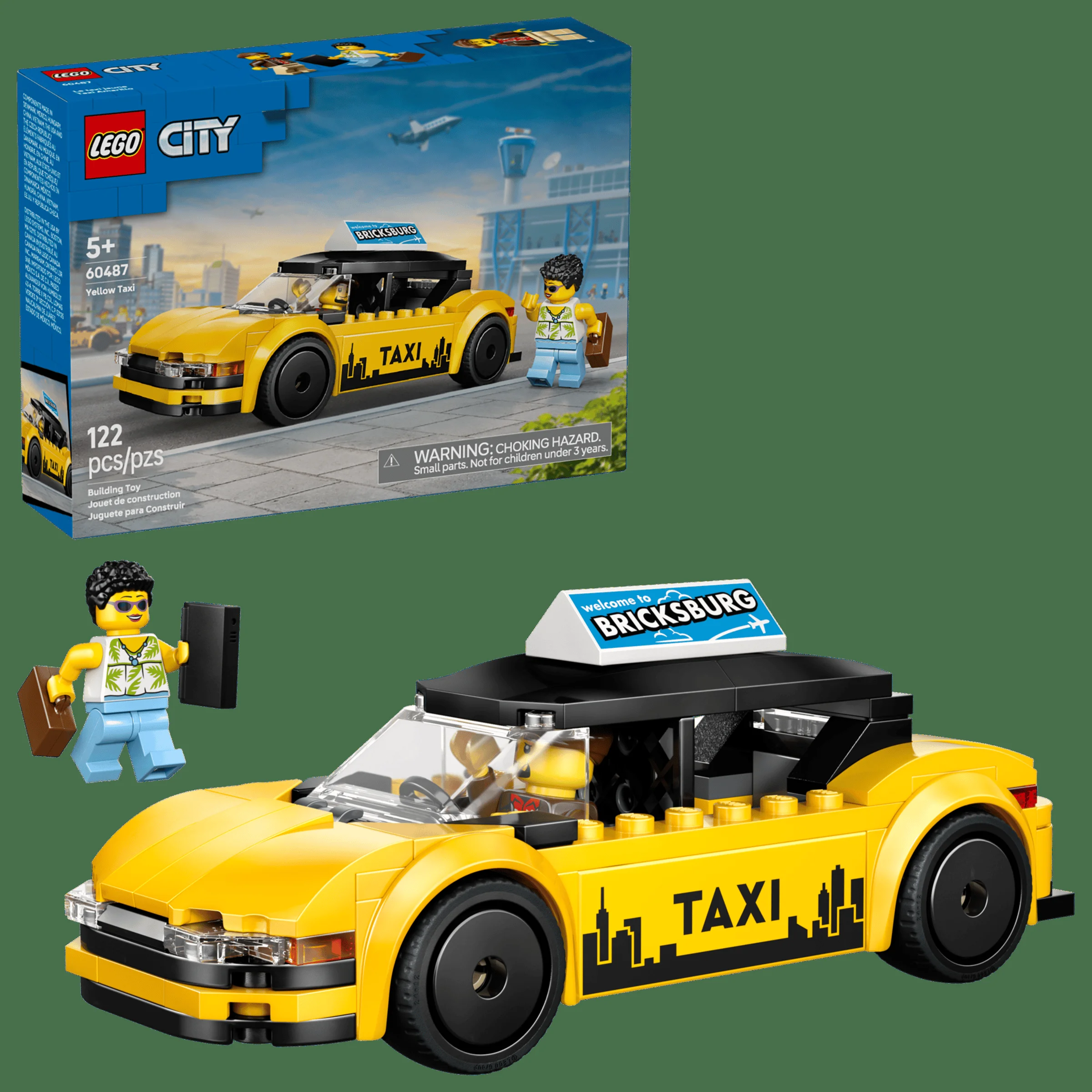 Imagine cu setul LEGO 60487 Taxi Galben, cu minifigurina și cutia produsului. Un taxi galben te așteaptă!