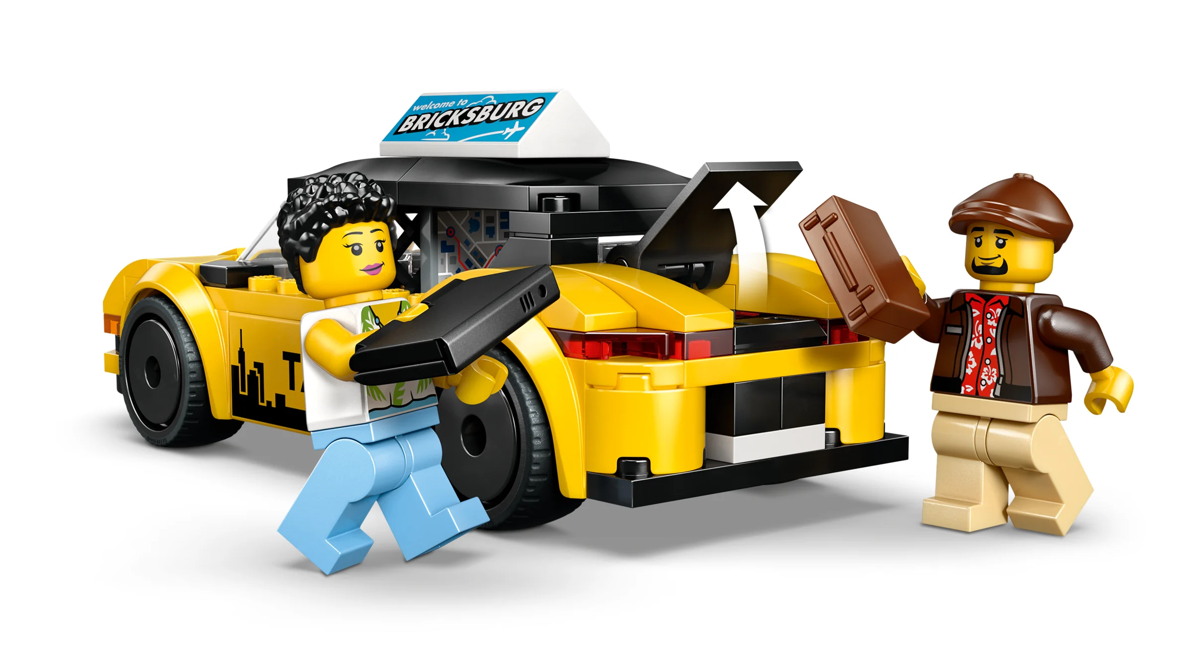 O imagine cu taxiul galben LEGO 60487 și două minifigurine, sugerând o scenă cu bagaje. 
