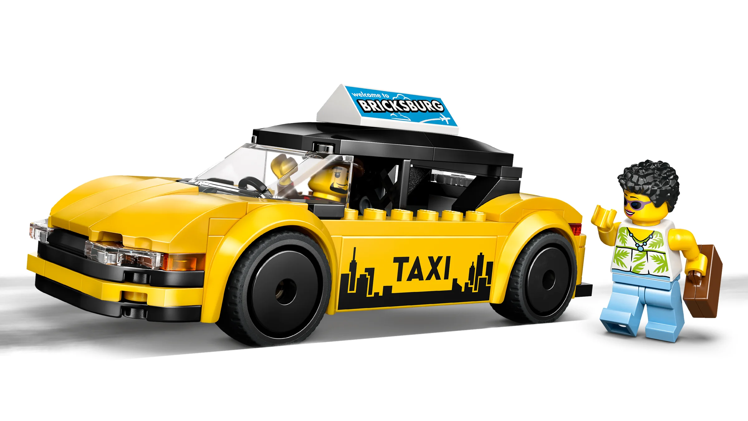 Imagine cu taxiul galben LEGO 60487 și o minifigurină cu bagaje. Detaliu atrăgător și viu colorat.