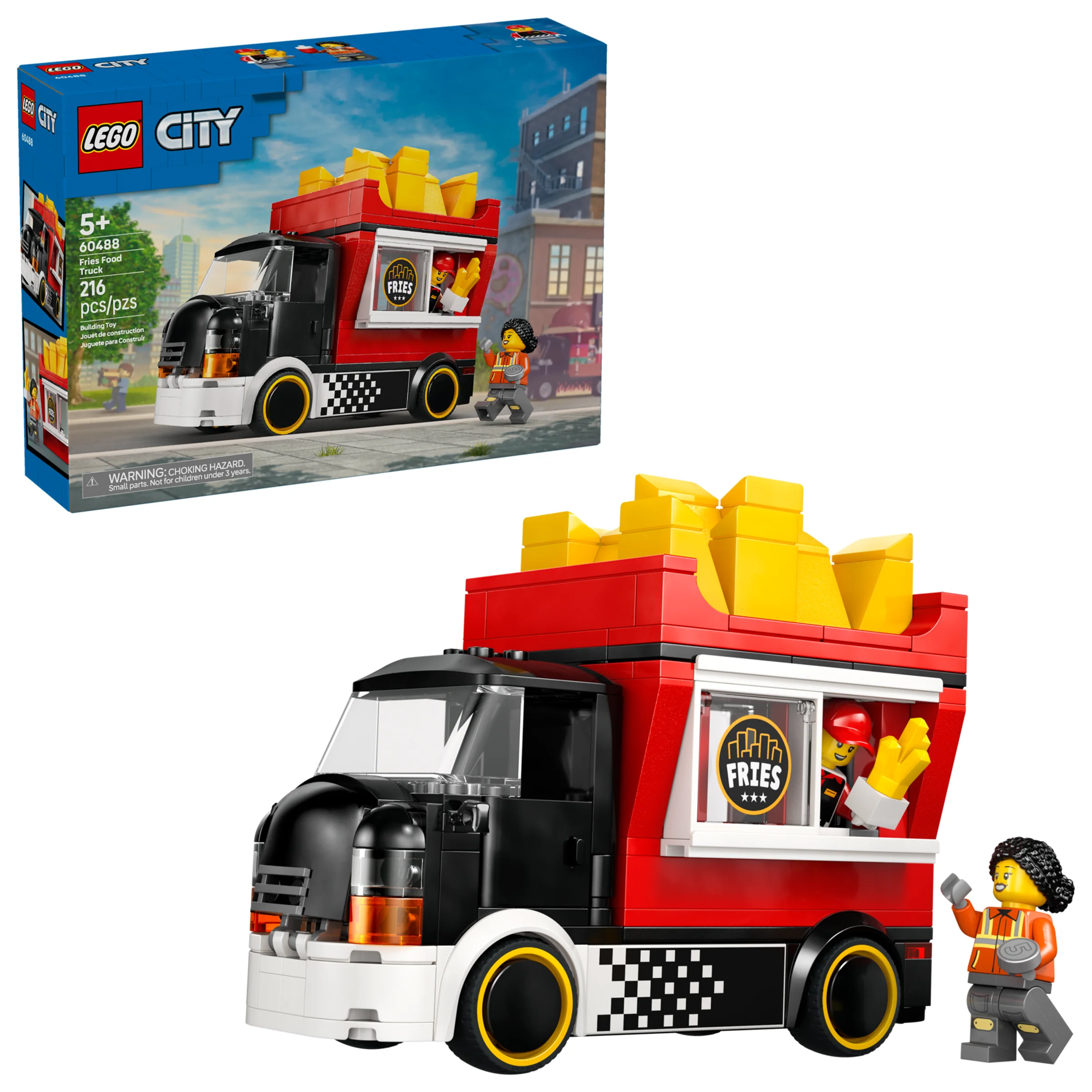 Camionul cu cartofi prăjiți LEGO City 60488, prezentat cu minifigurine și cutia produsului.