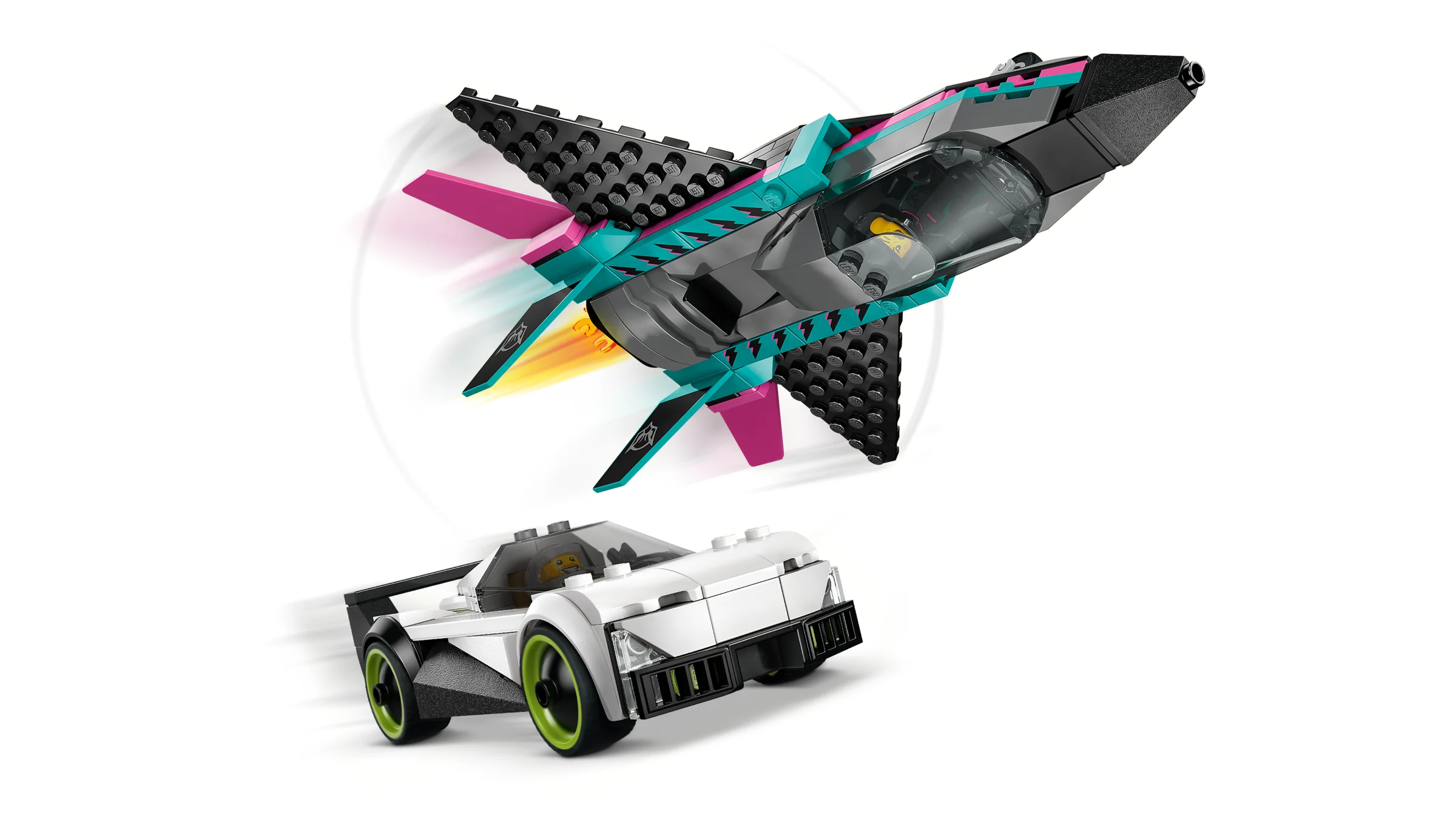 Setul LEGO 60489 prezintă un avion de vânătoare și o mașină sportivă. Acțiune rapidă!