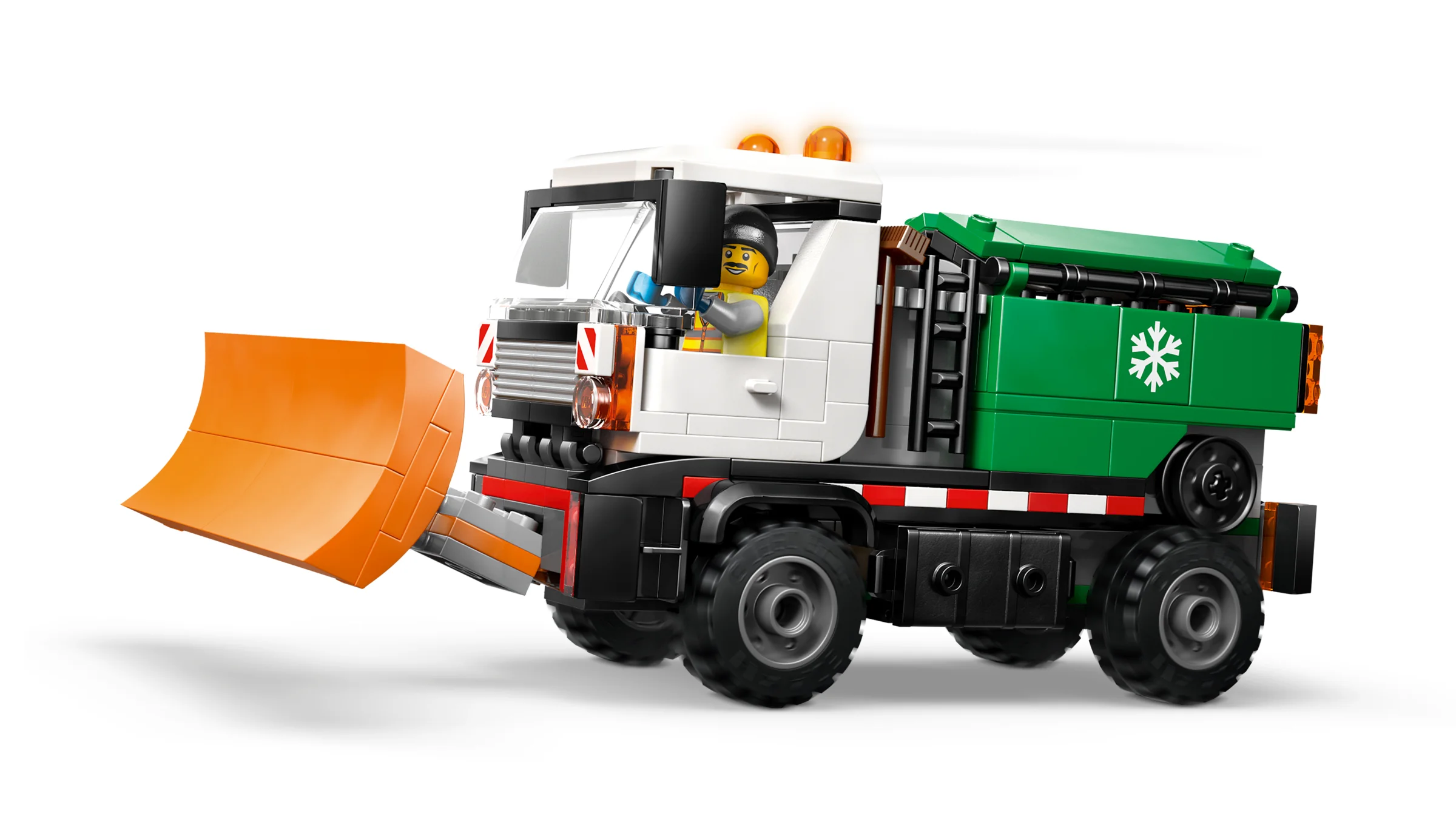 Imagine cu plugul de zăpadă LEGO 60490. Modelul e alb cu verde și are lamă portocalie.
