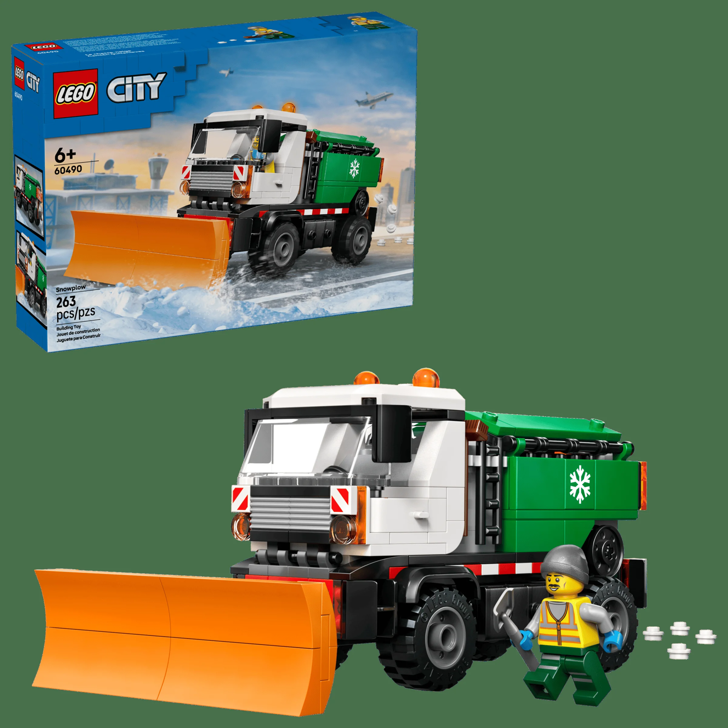 Imagine cu setul LEGO 60490, plug de zăpadă, prezentând modelul finalizat și cutia. Detalii clare, culori vii.